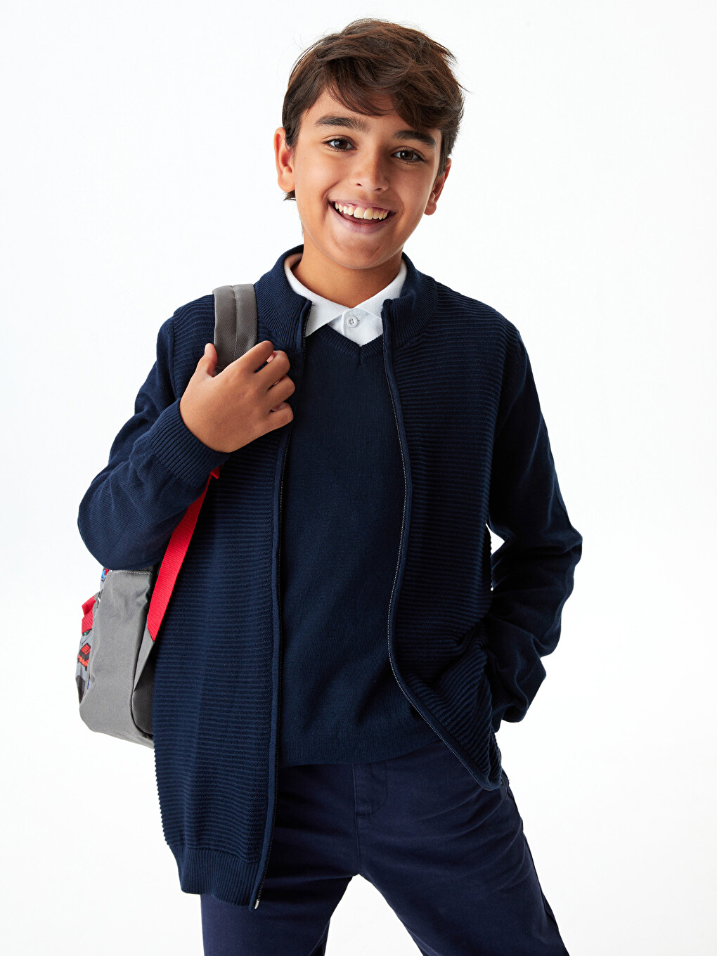 Basic Stand Collar Long Sleeve Boy's Slim Knitwear Cardigan