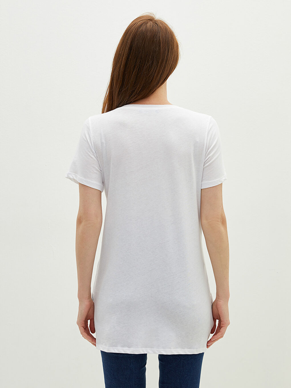 Beyaz Bisiklet Yaka Düz Kısa Kollu Hamile Tişört-3