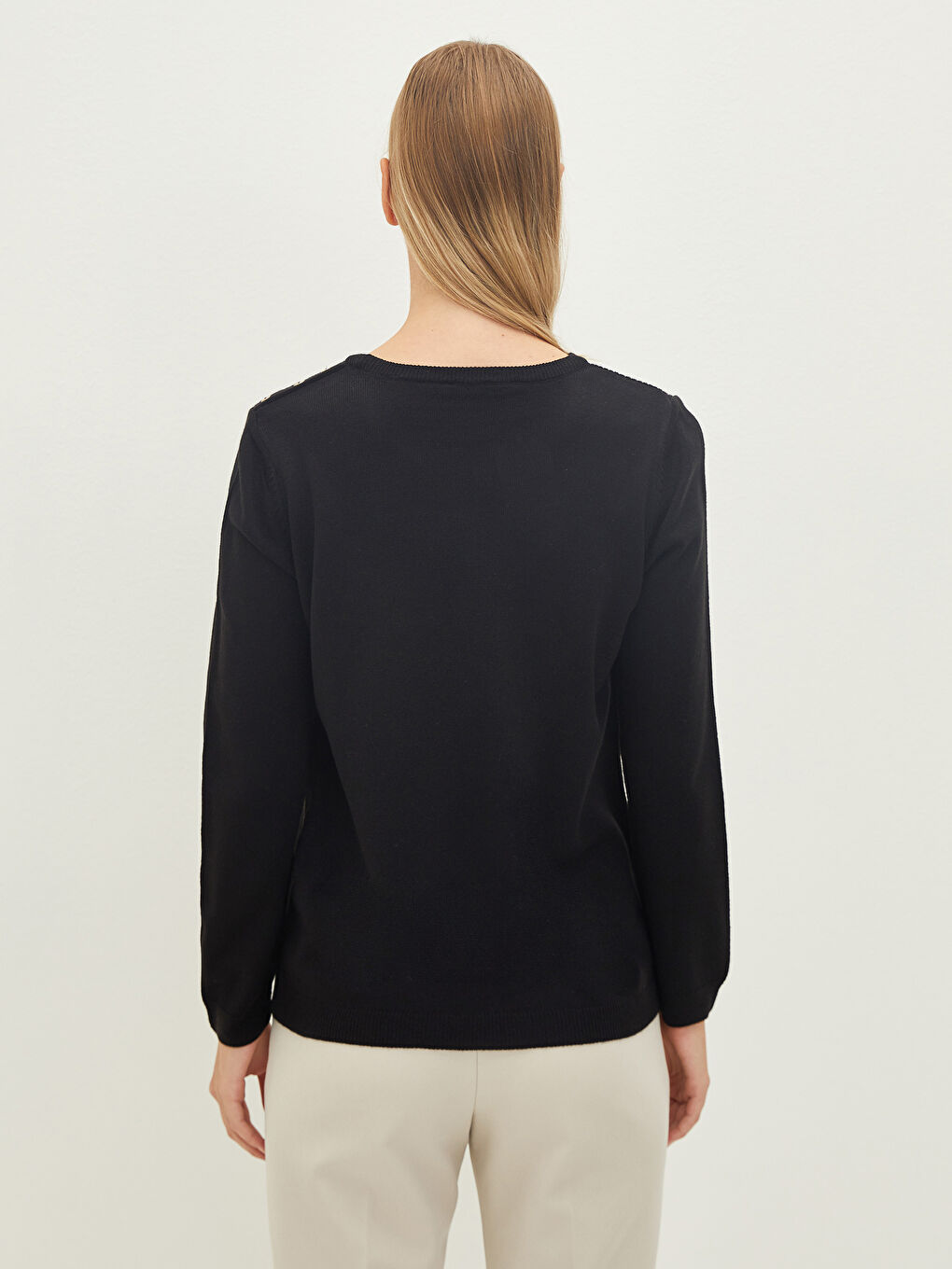 Siyah Bisiklet Yaka Düz Uzun Kollu Kadın Triko Kazak-4