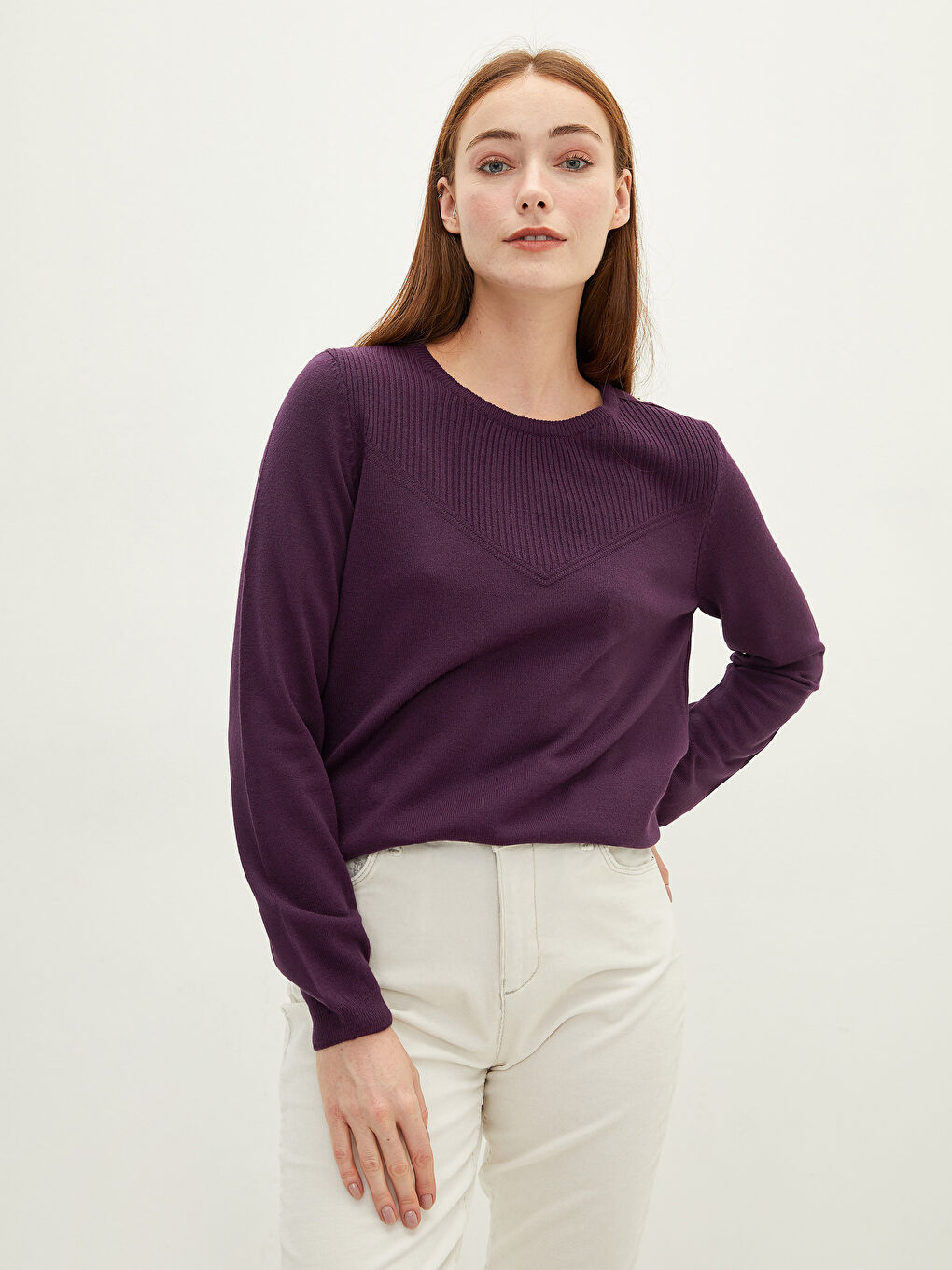 Mürdüm Bisiklet Yaka Düz Uzun Kollu Kadın Triko Kazak