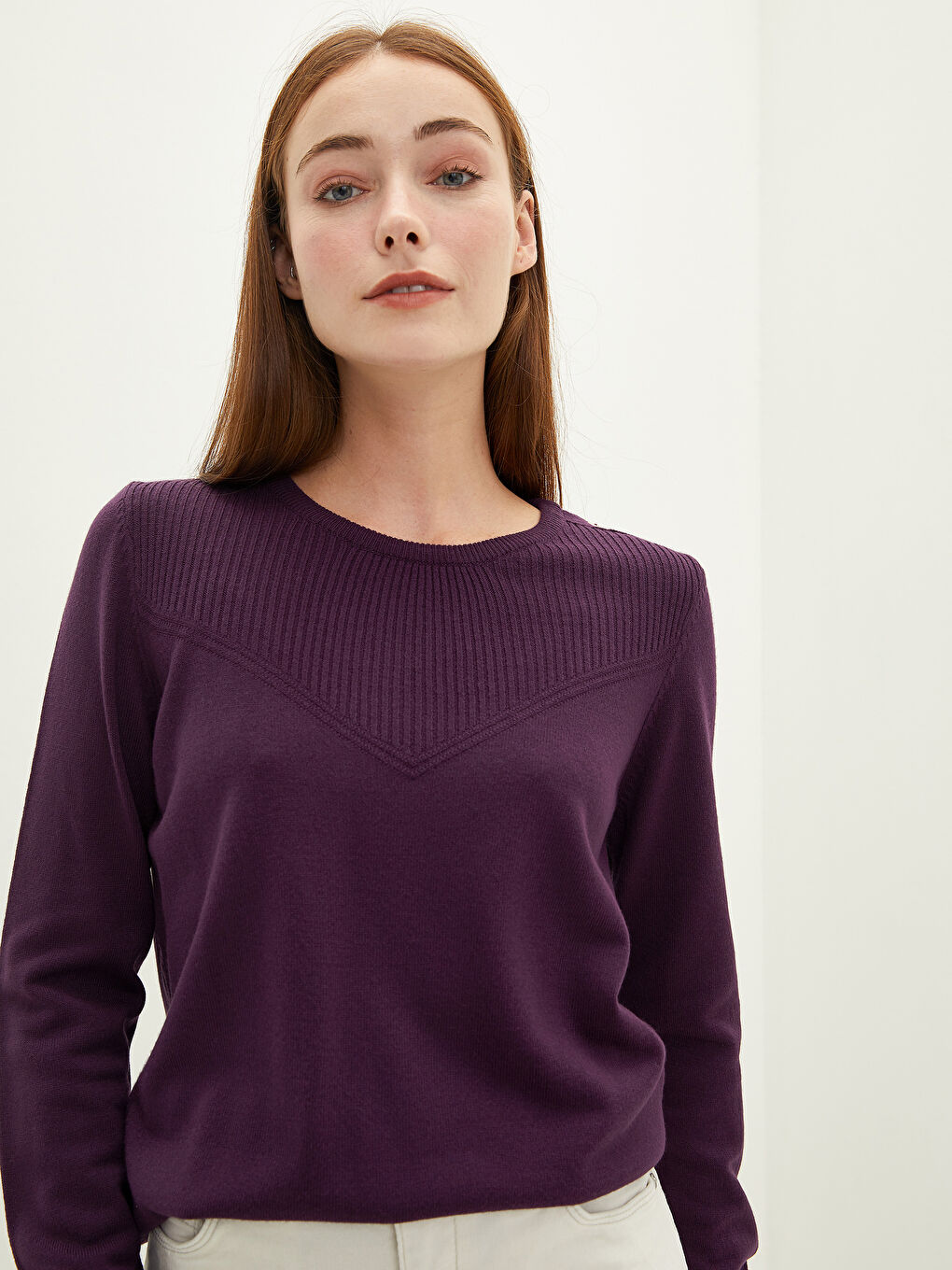 Mürdüm Bisiklet Yaka Düz Uzun Kollu Kadın Triko Kazak-1