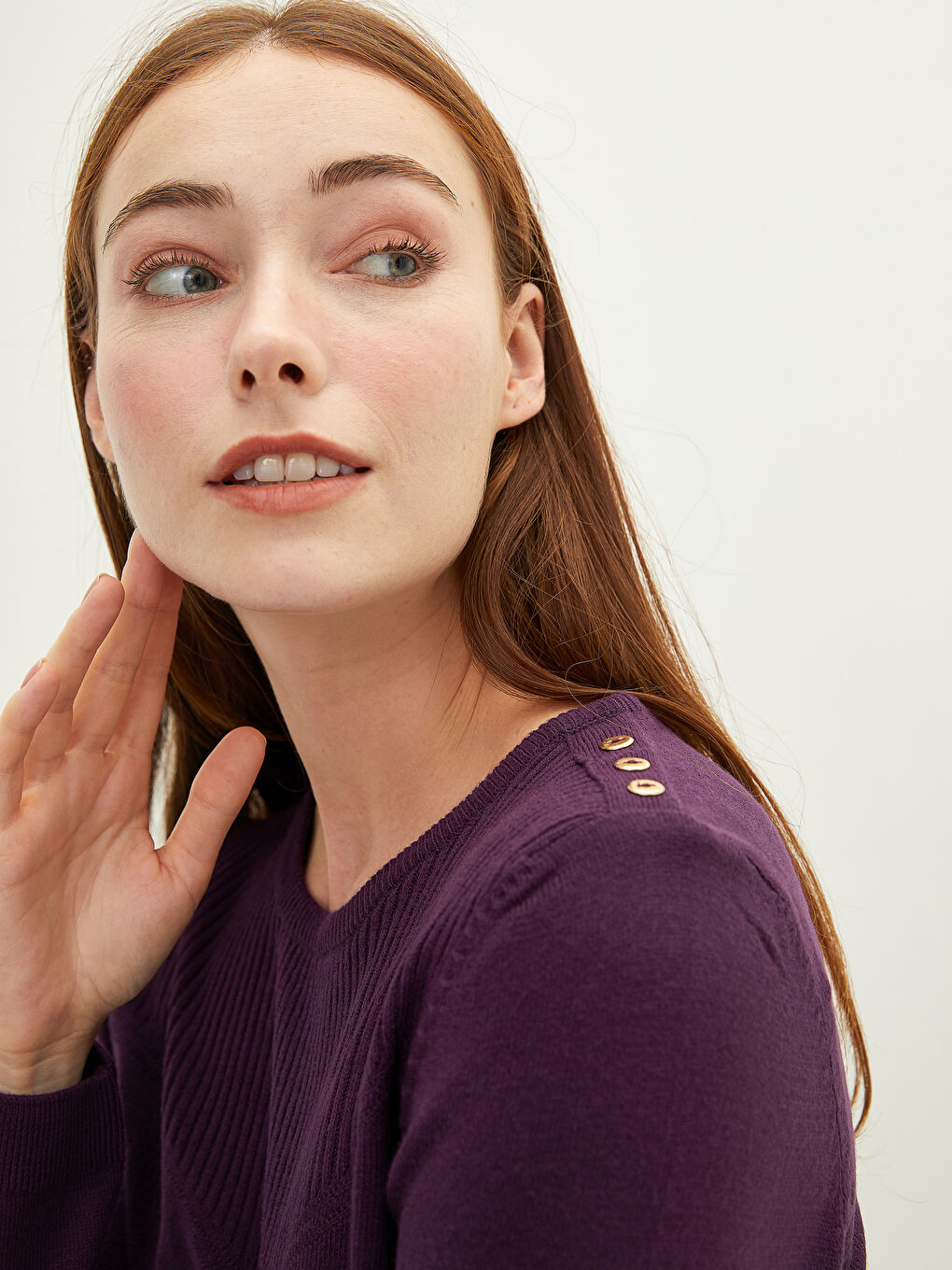 Mürdüm Bisiklet Yaka Düz Uzun Kollu Kadın Triko Kazak-2