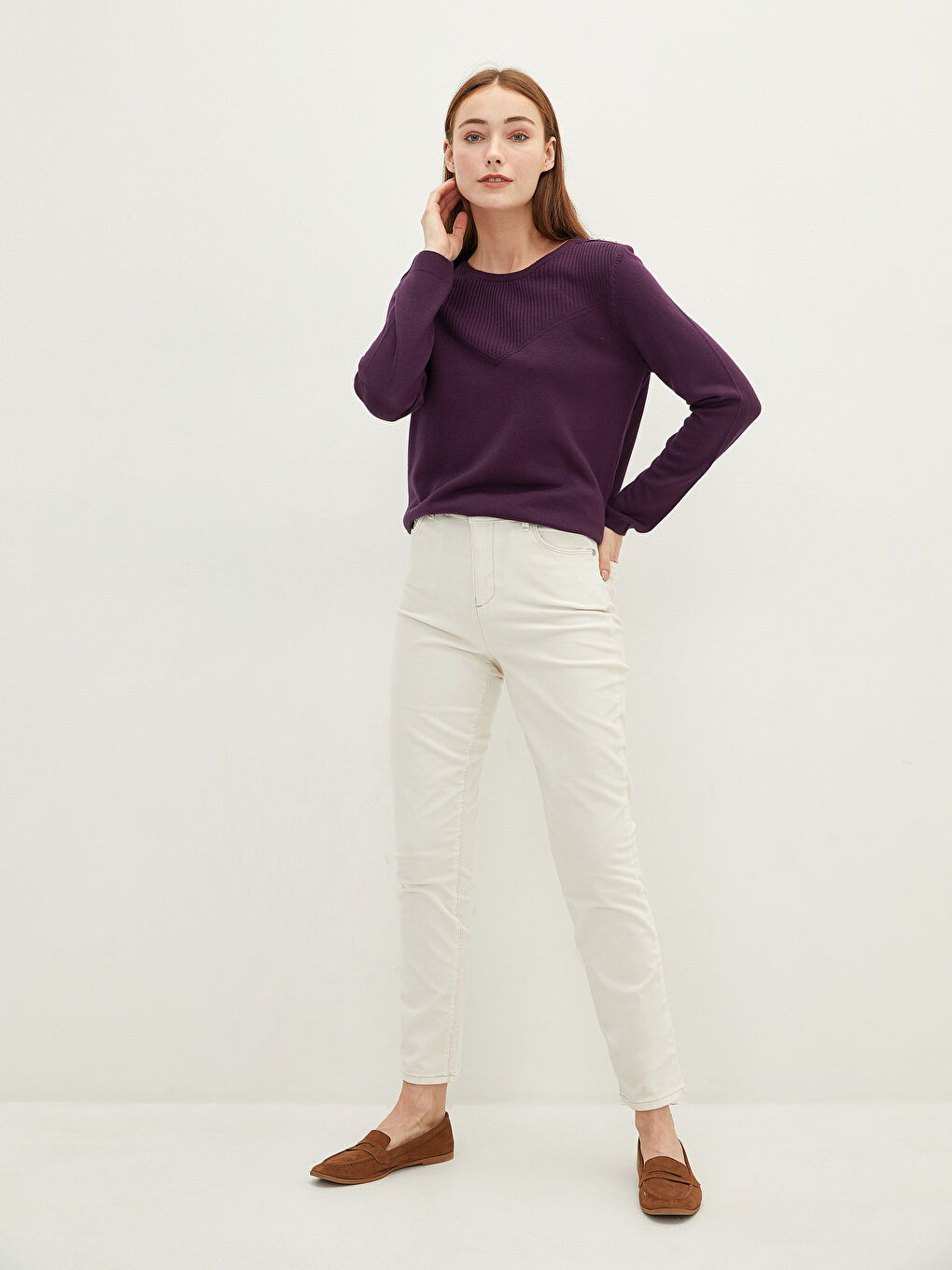 Mürdüm Bisiklet Yaka Düz Uzun Kollu Kadın Triko Kazak-3