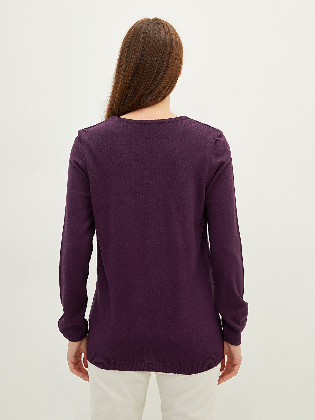 Mürdüm Bisiklet Yaka Düz Uzun Kollu Kadın Triko Kazak-4