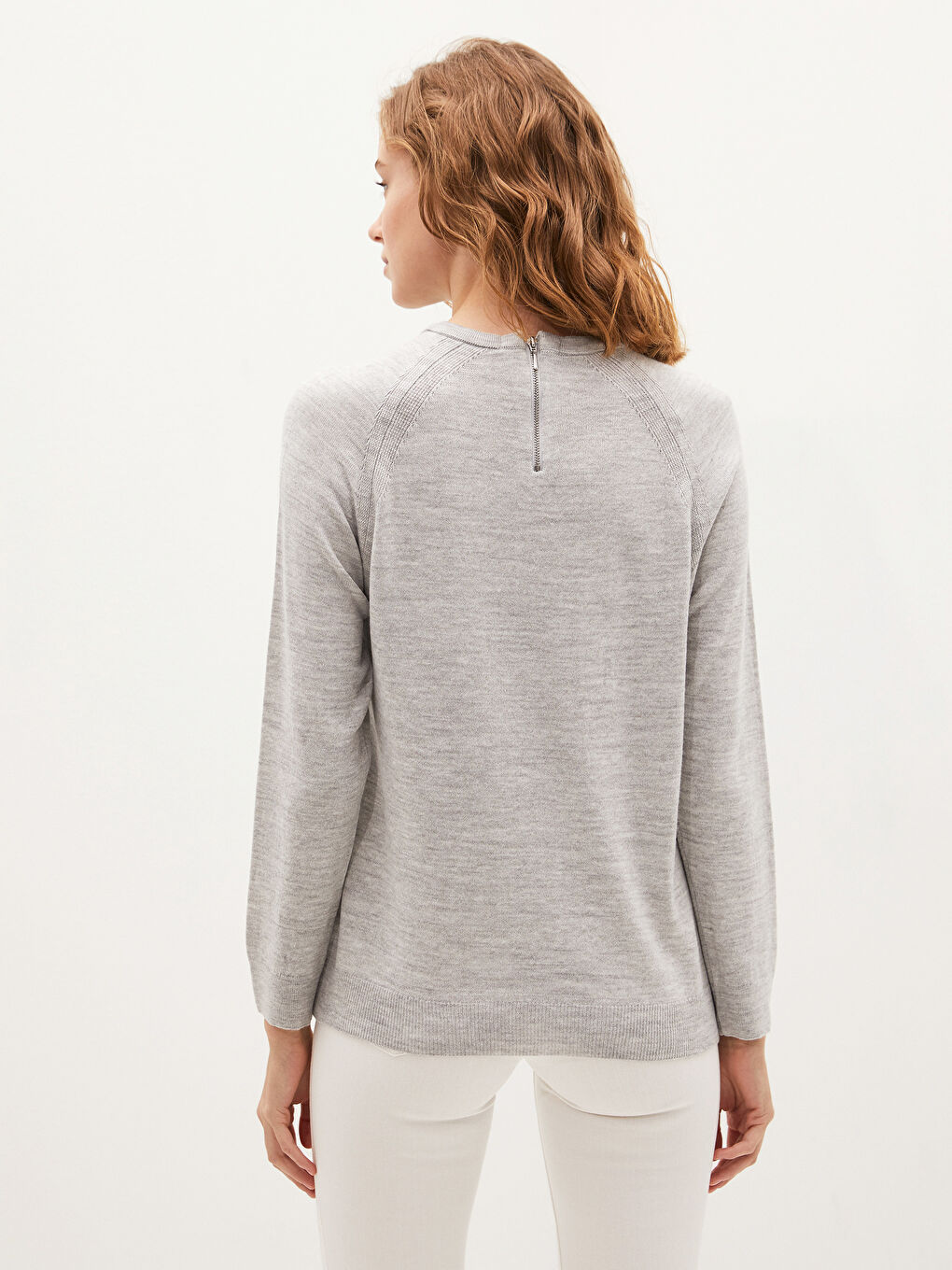 Gri Bisiklet Yaka Kendinden Desenli Uzun Kollu Kadın Triko  Kazak-4