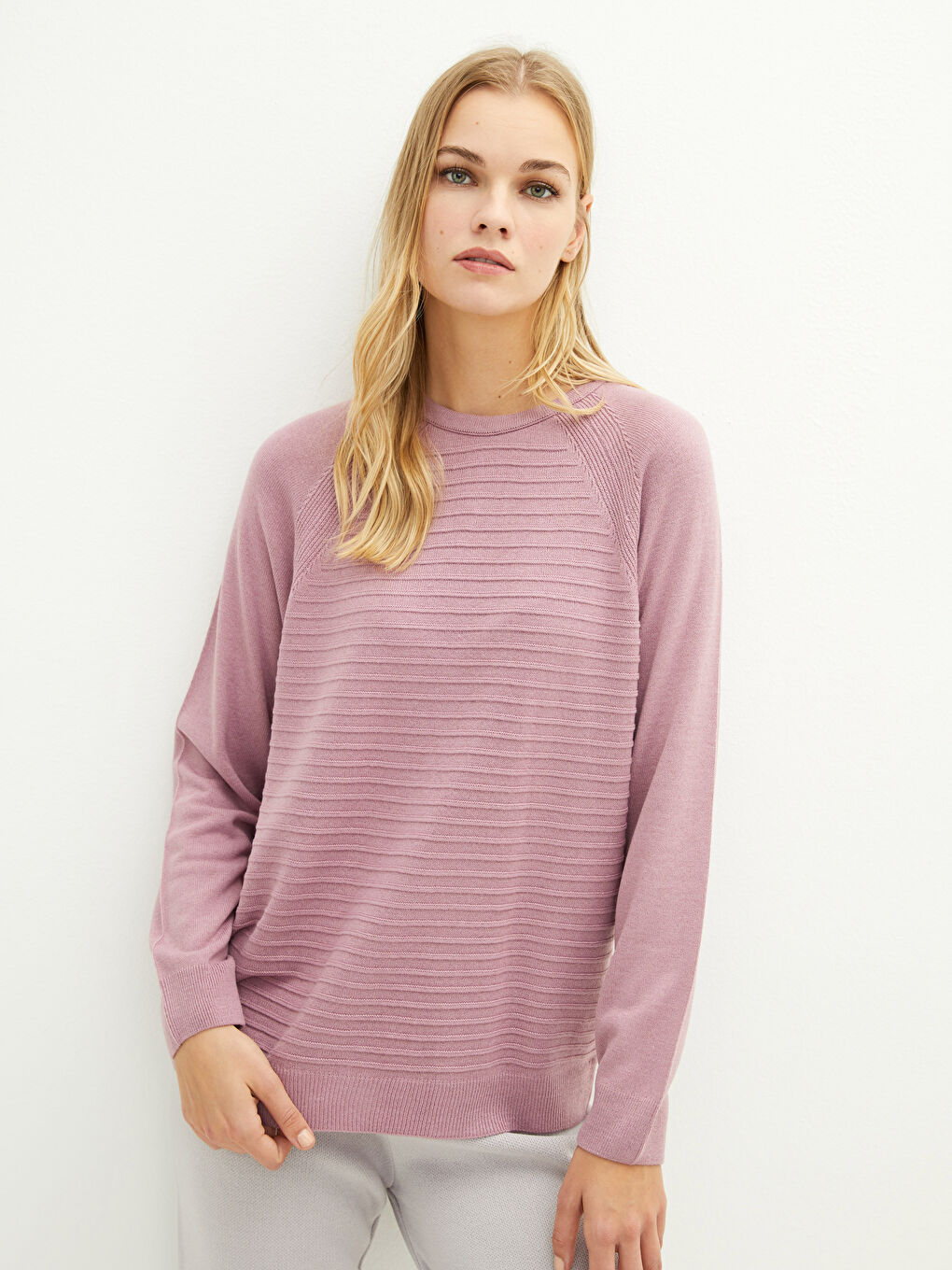 Lila Bisiklet Yaka Kendinden Desenli Uzun Kollu Kadın Triko  Kazak