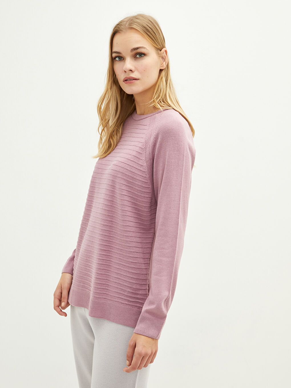 Lila Bisiklet Yaka Kendinden Desenli Uzun Kollu Kadın Triko  Kazak-1