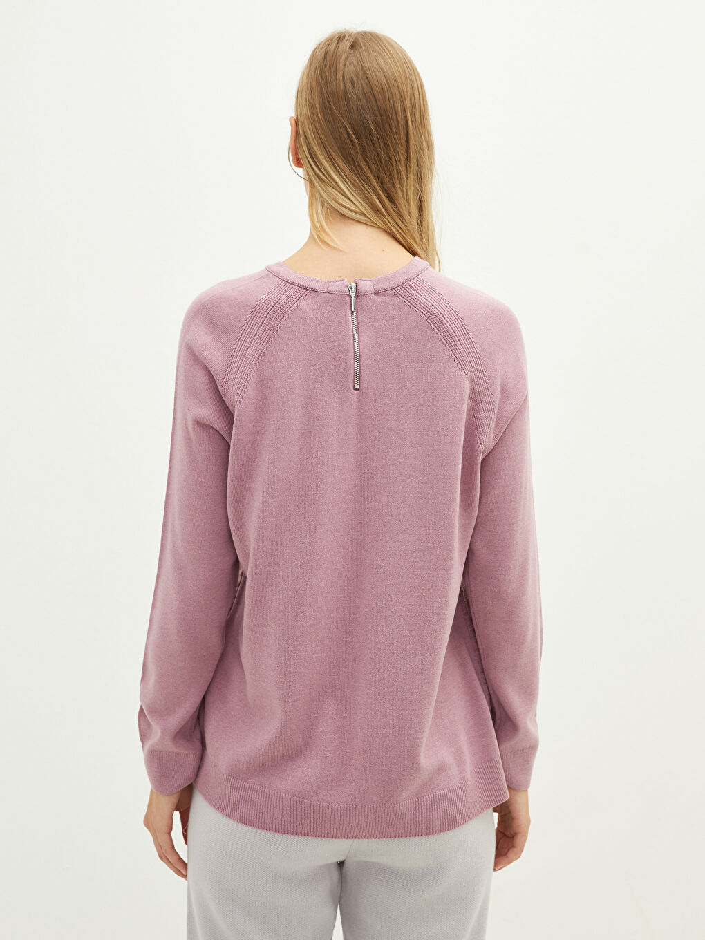 Lila Bisiklet Yaka Kendinden Desenli Uzun Kollu Kadın Triko  Kazak-4