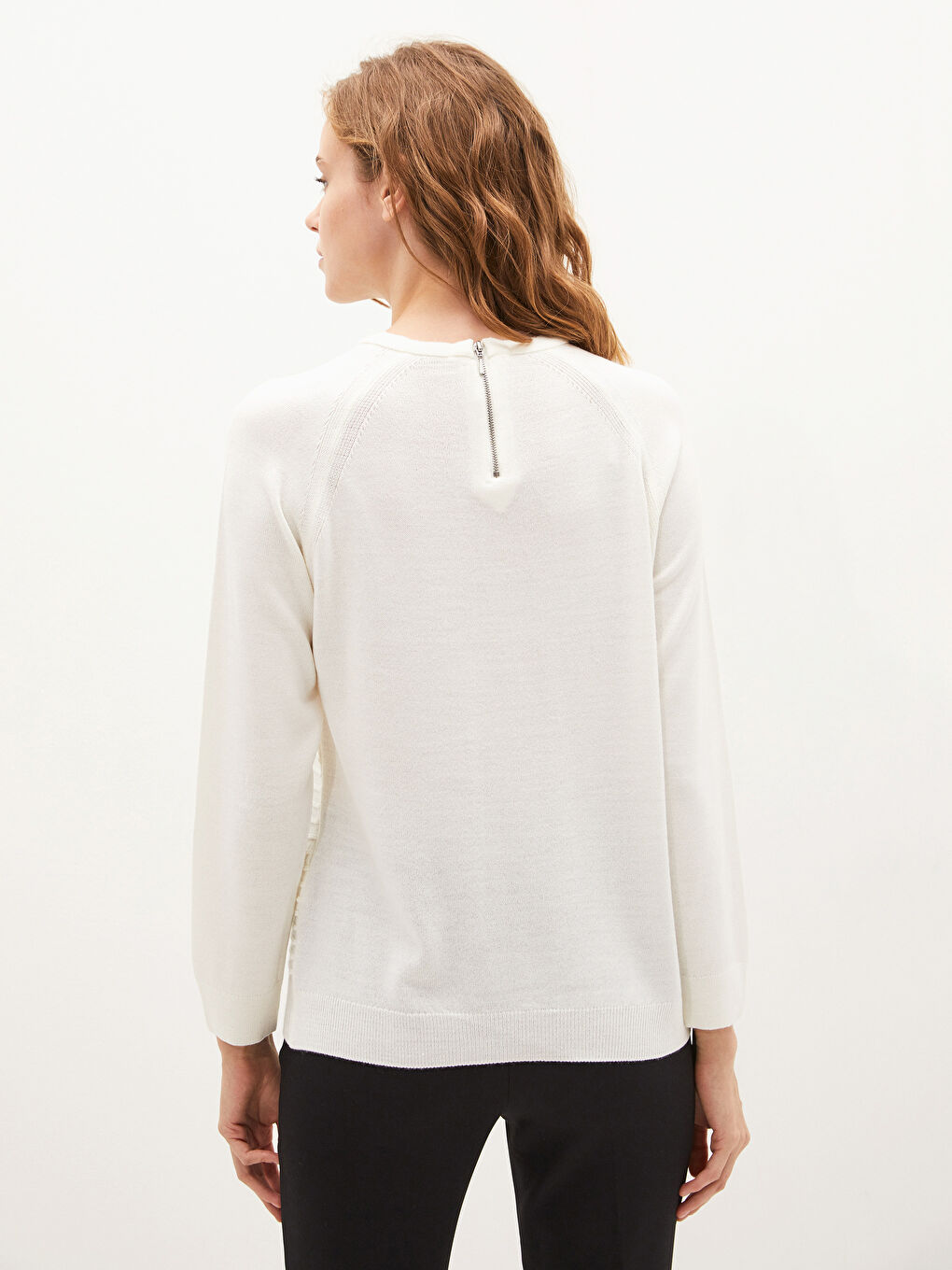 Ekru Bisiklet Yaka Kendinden Desenli Uzun Kollu Kadın Triko  Kazak-4