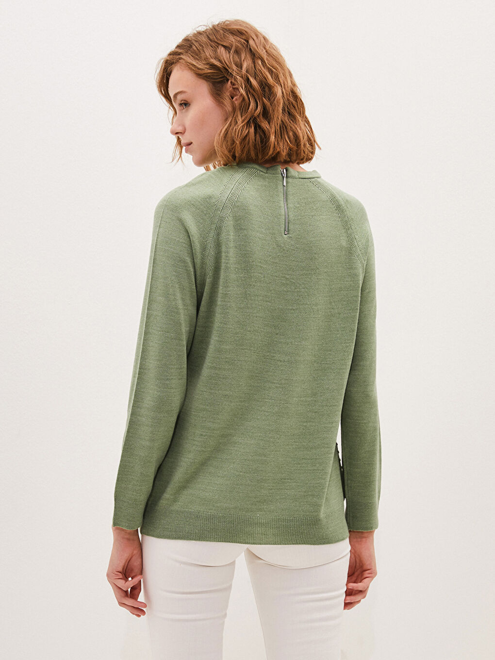 Yeşil Bisiklet Yaka Kendinden Desenli Uzun Kollu Kadın Triko  Kazak-4