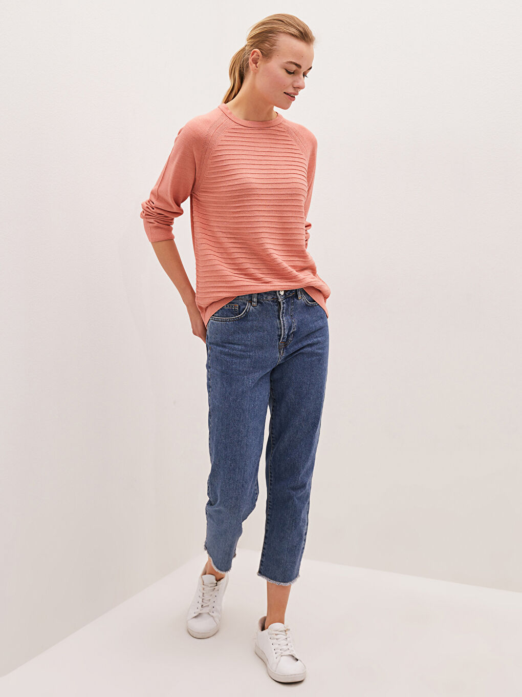 Crew Neck Self Patterned Long Sleeve Women's Tricot Jumper-2