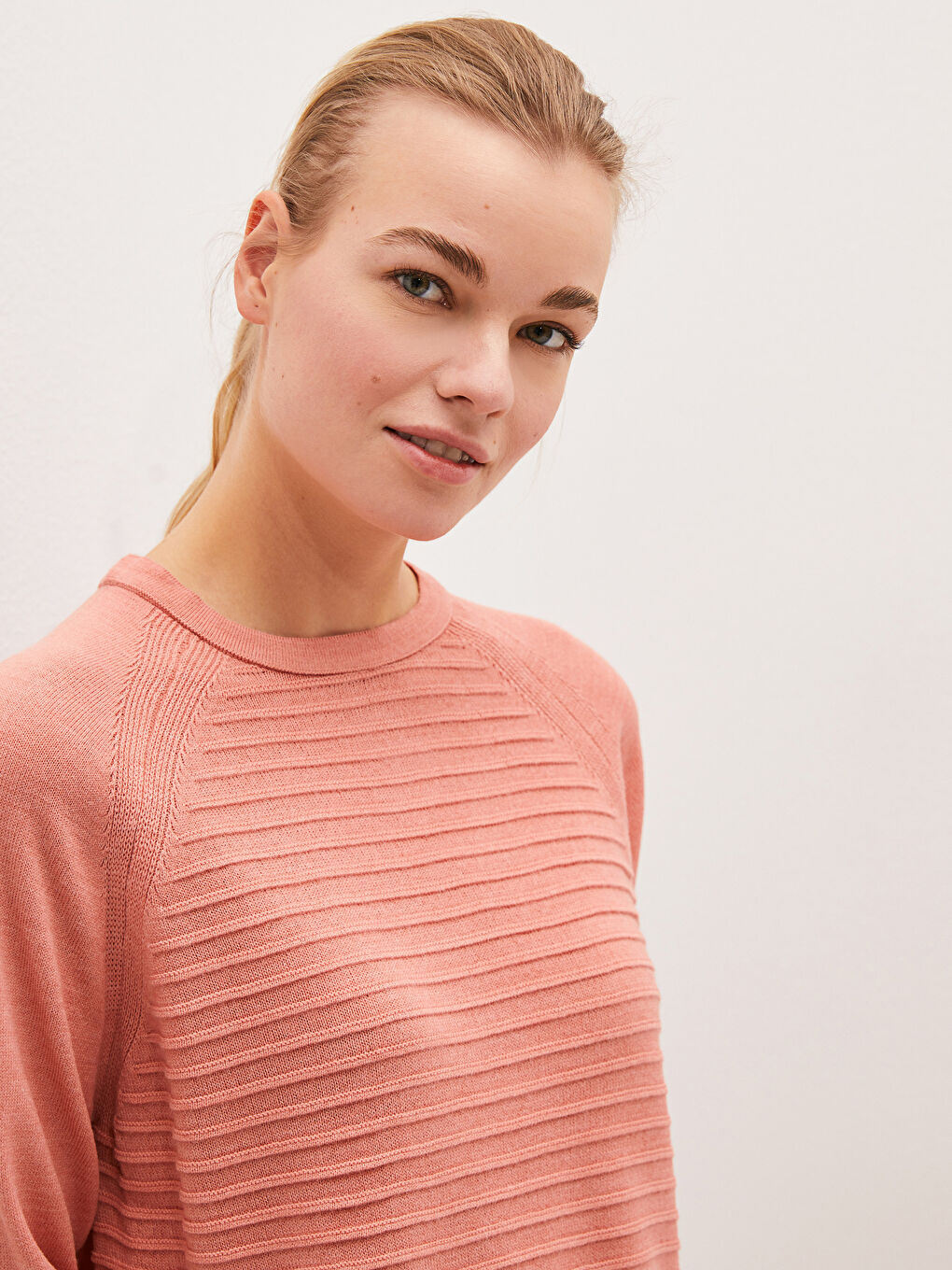 Crew Neck Self Patterned Long Sleeve Women's Tricot Jumper-3