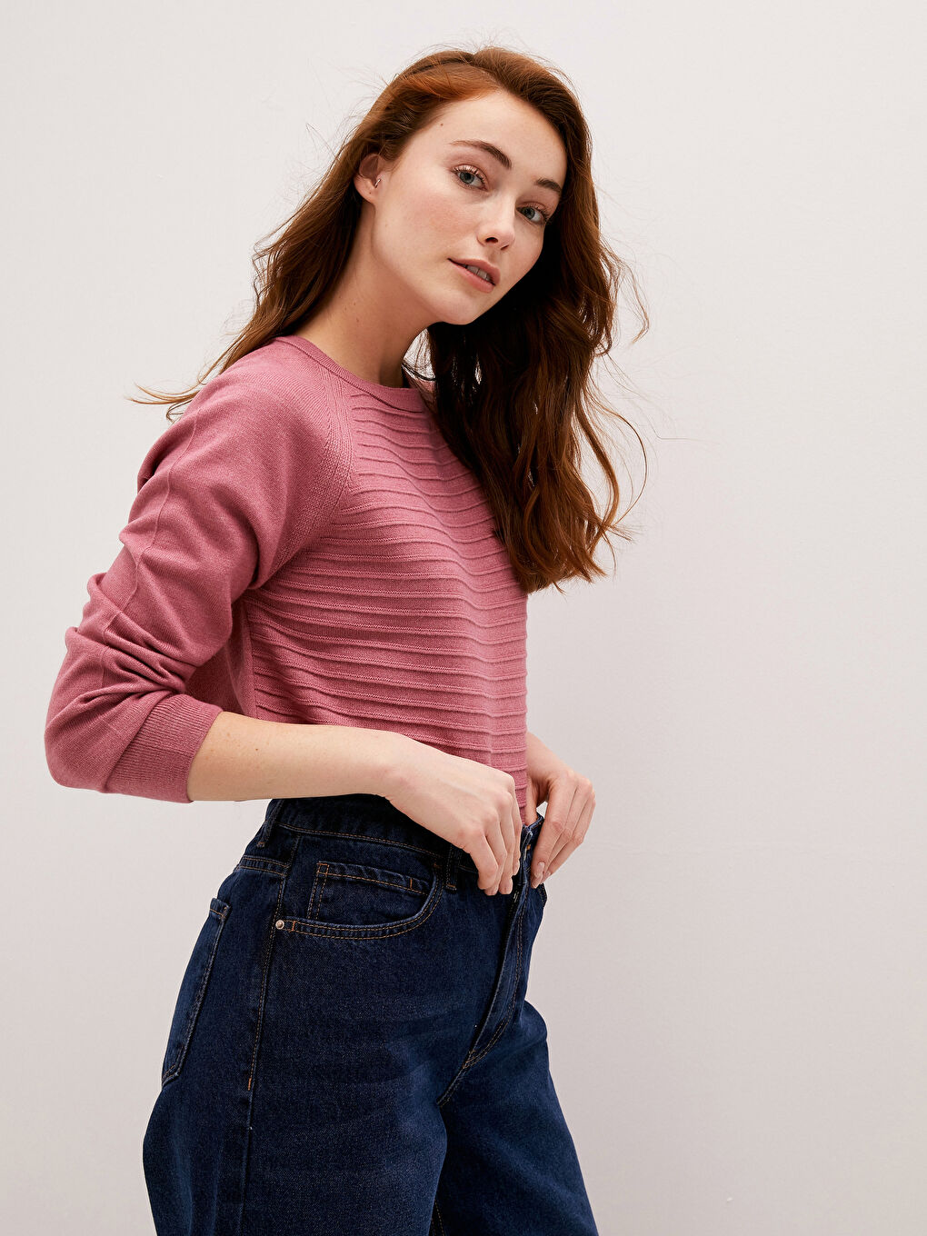 Pembe Bisiklet Yaka Kendinden Desenli Uzun Kollu Kadın Triko  Kazak-1