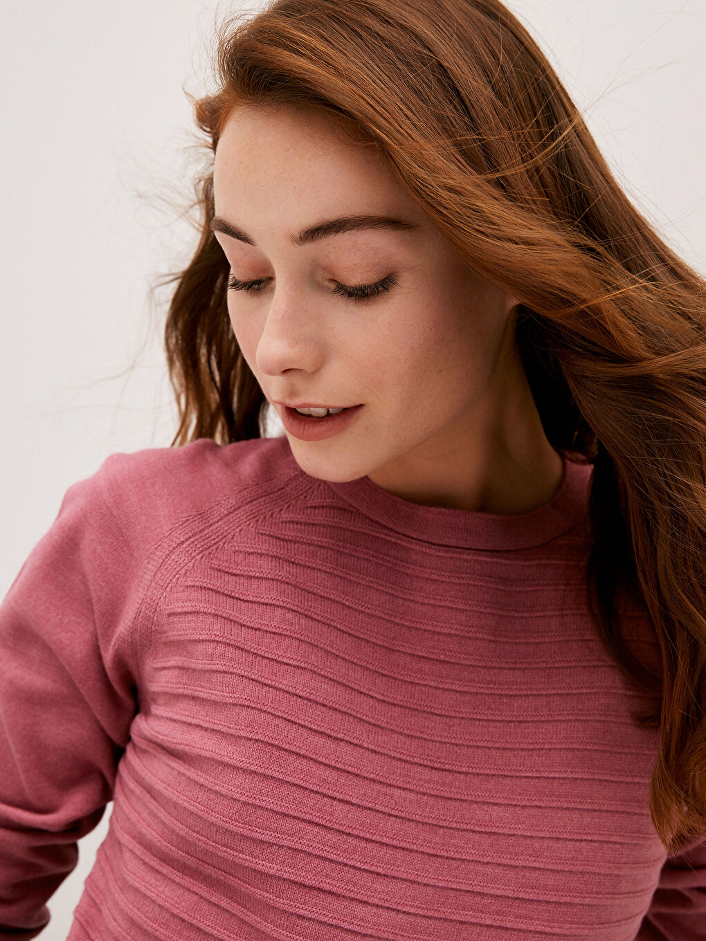 Pembe Bisiklet Yaka Kendinden Desenli Uzun Kollu Kadın Triko  Kazak-2