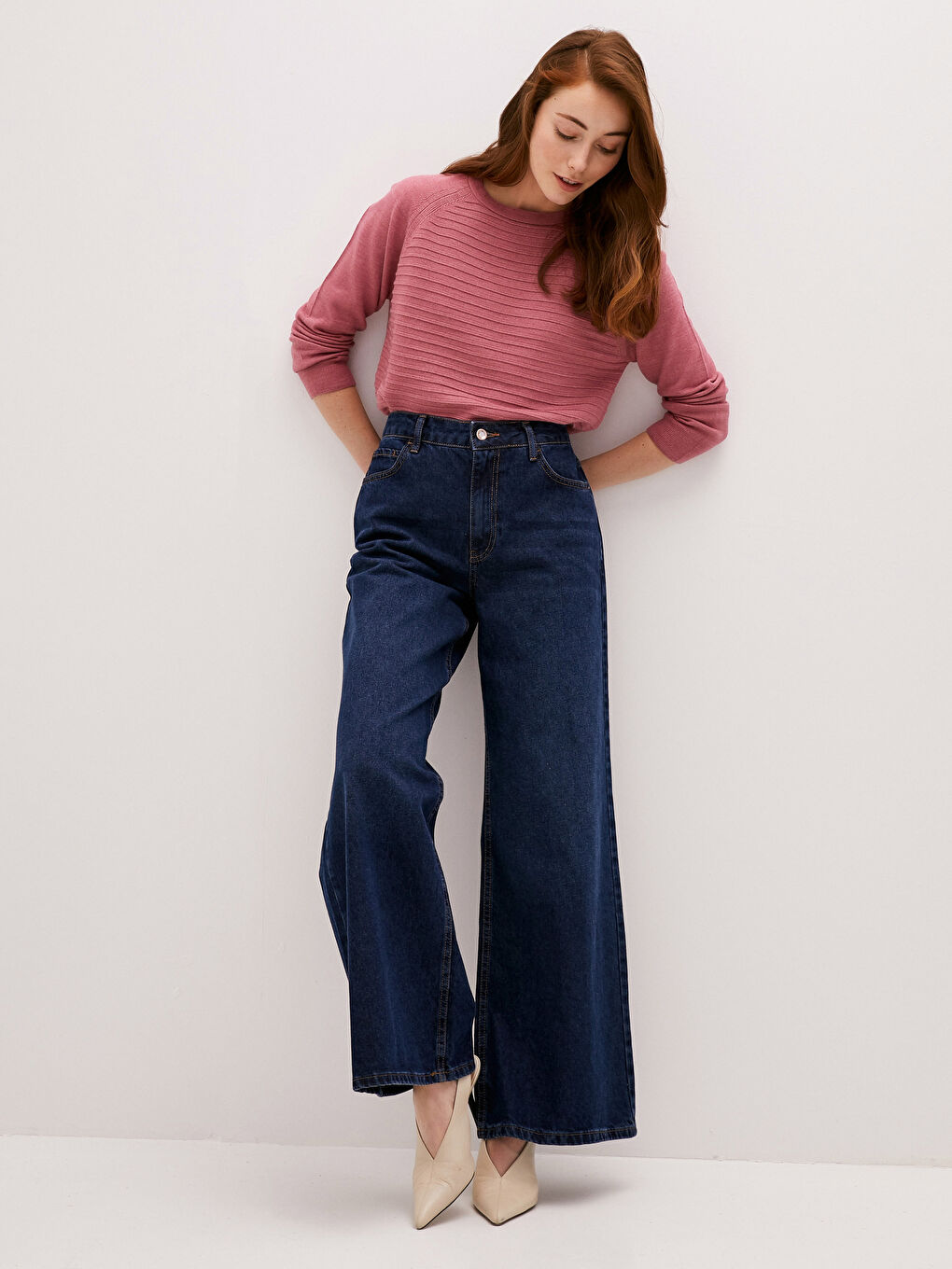 Pembe Bisiklet Yaka Kendinden Desenli Uzun Kollu Kadın Triko  Kazak-3