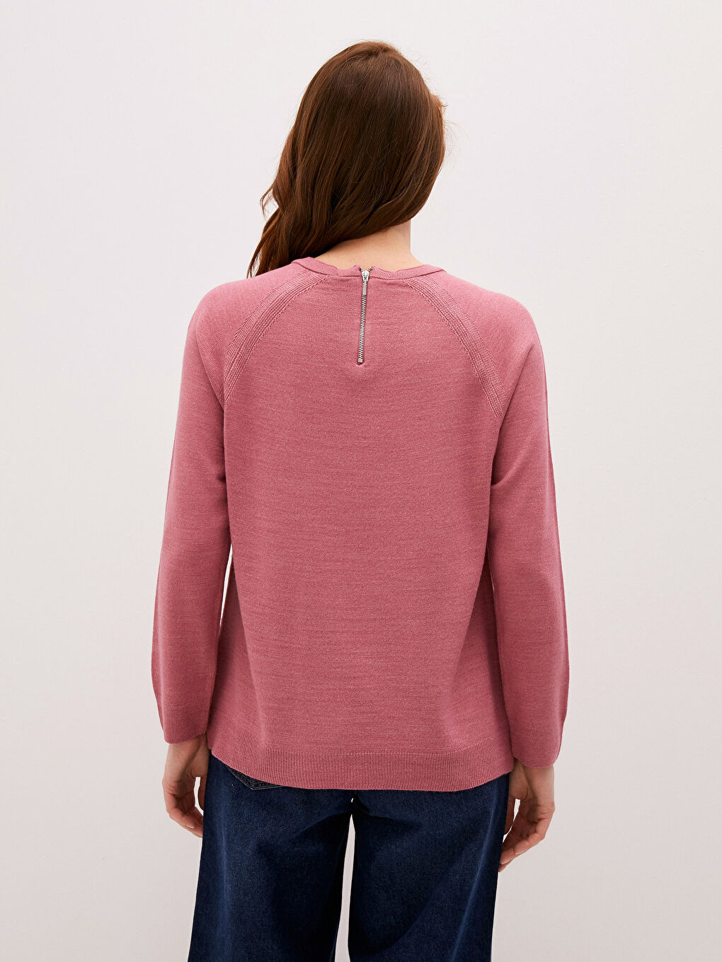 Pembe Bisiklet Yaka Kendinden Desenli Uzun Kollu Kadın Triko  Kazak-5