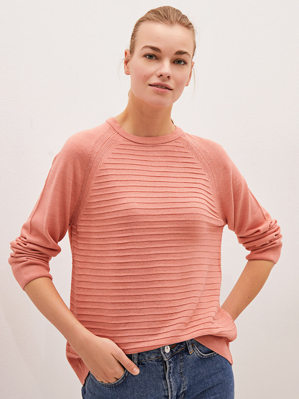 Crew Neck Self Patterned Long Sleeve Women's Tricot Jumper