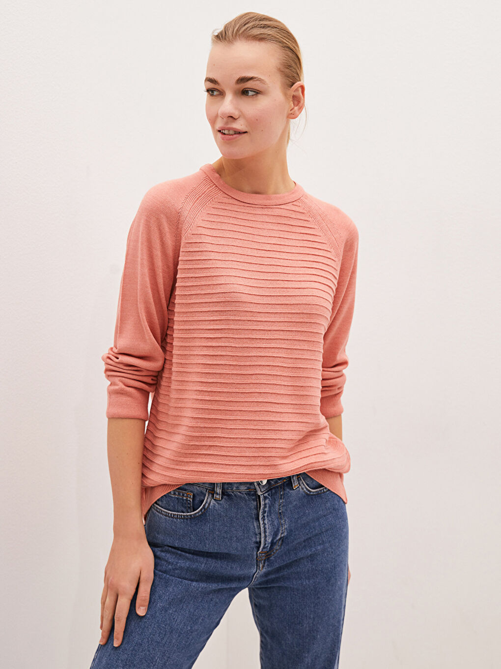 Crew Neck Self Patterned Long Sleeve Women's Tricot Jumper-1