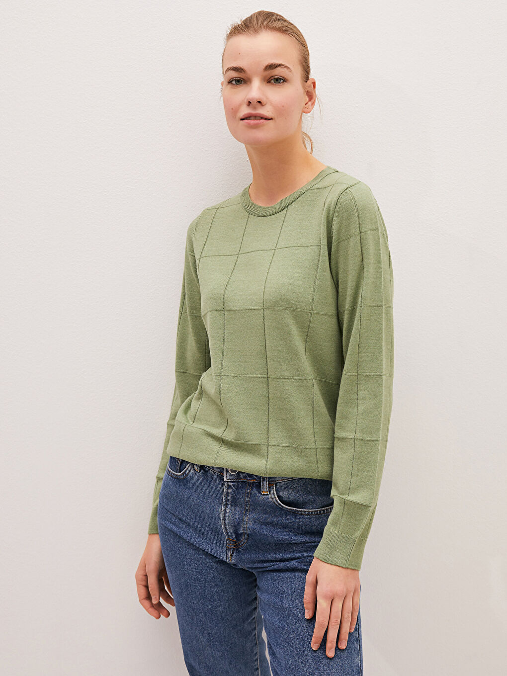 Пуловер с кръгло деколте, с шарки, дълъг ръкав, плетиво за жени-2