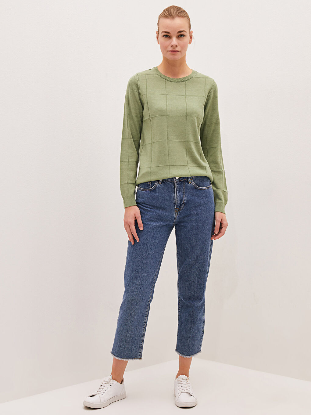 Пуловер с кръгло деколте, с шарки, дълъг ръкав, плетиво за жени-3