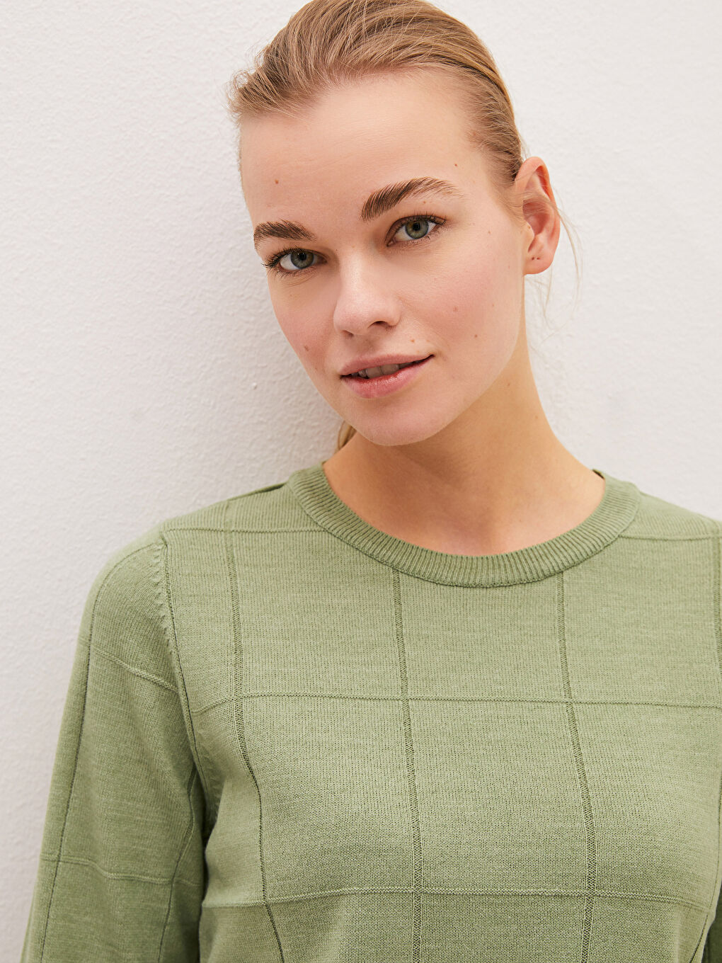 Пуловер с кръгло деколте, с шарки, дълъг ръкав, плетиво за жени-4