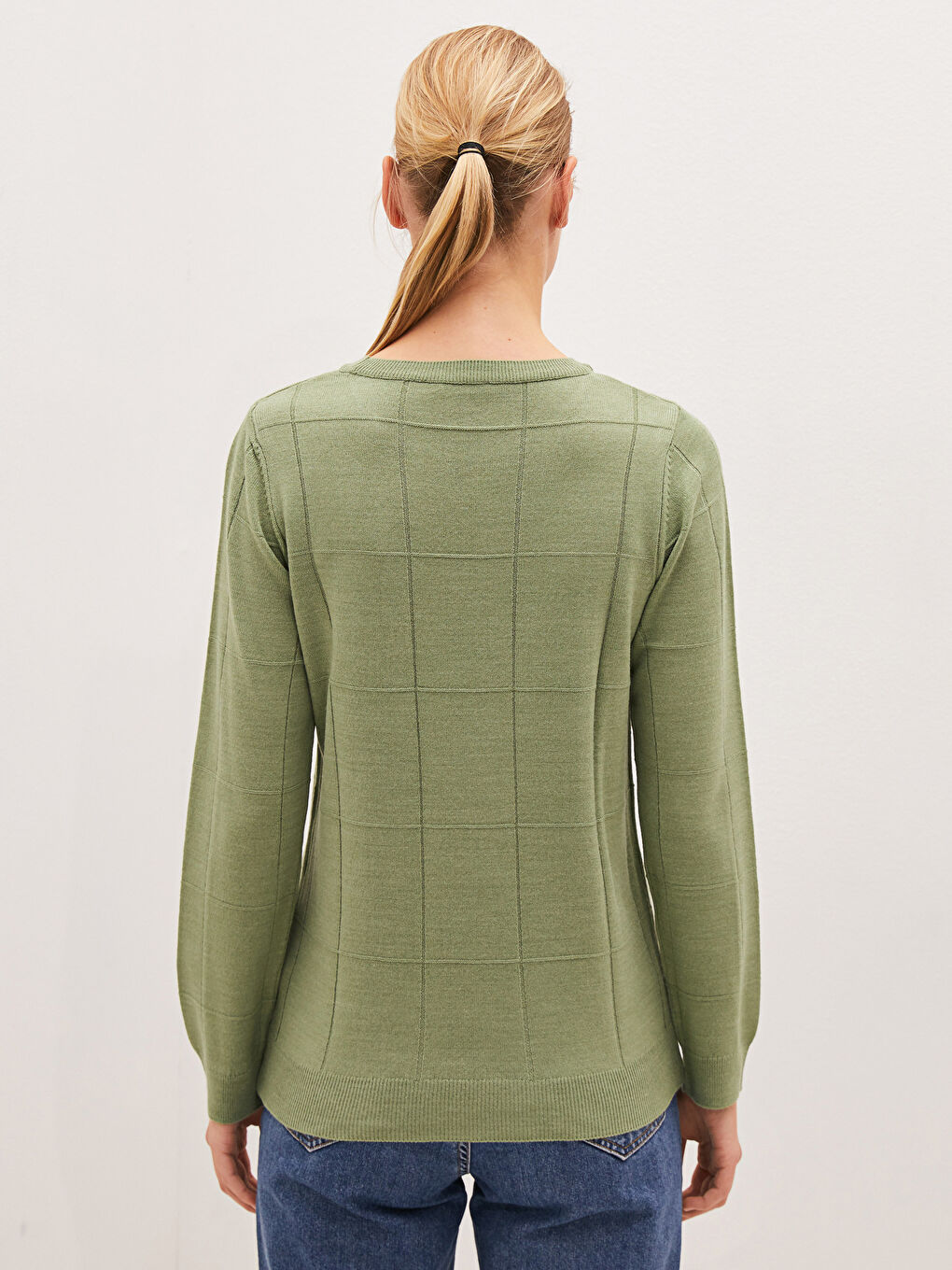 Пуловер с кръгло деколте, с шарки, дълъг ръкав, плетиво за жени-5