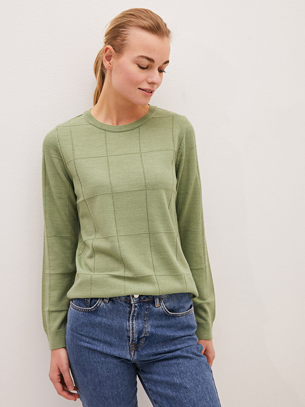 Пуловер с кръгло деколте, с шарки, дълъг ръкав, плетиво за жени-1