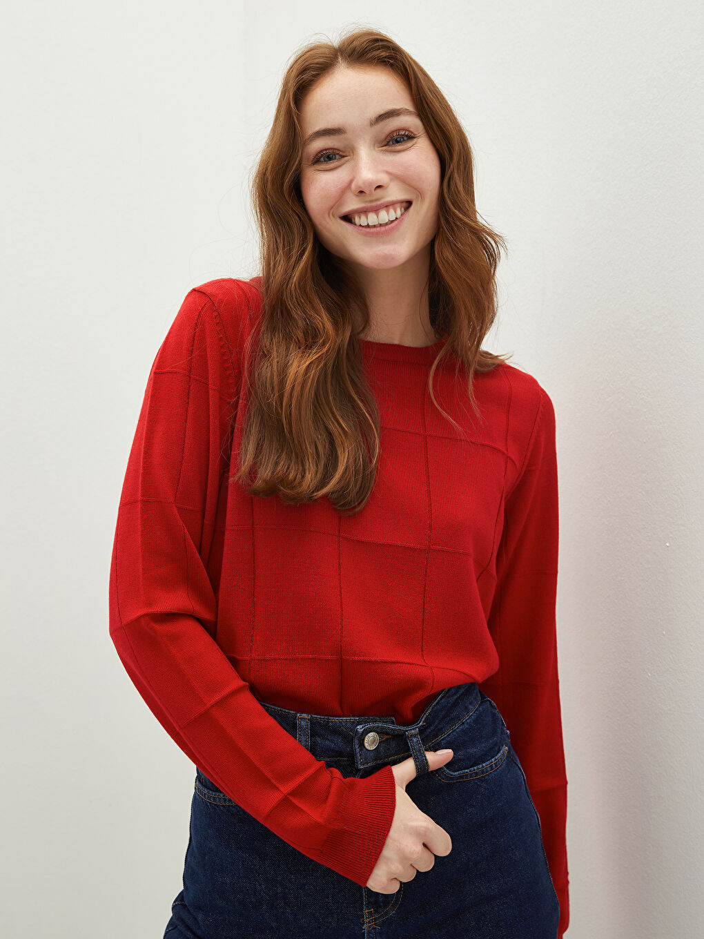 Светр з круглим вирізом горловини, візерунковий, довгий рукав, трикотажний, для жінок-1