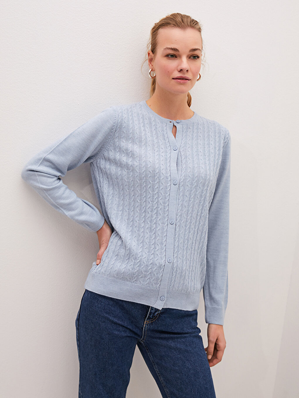 Crew Neck Self Patterned Long Sleeve Women's Tricot Cardigan