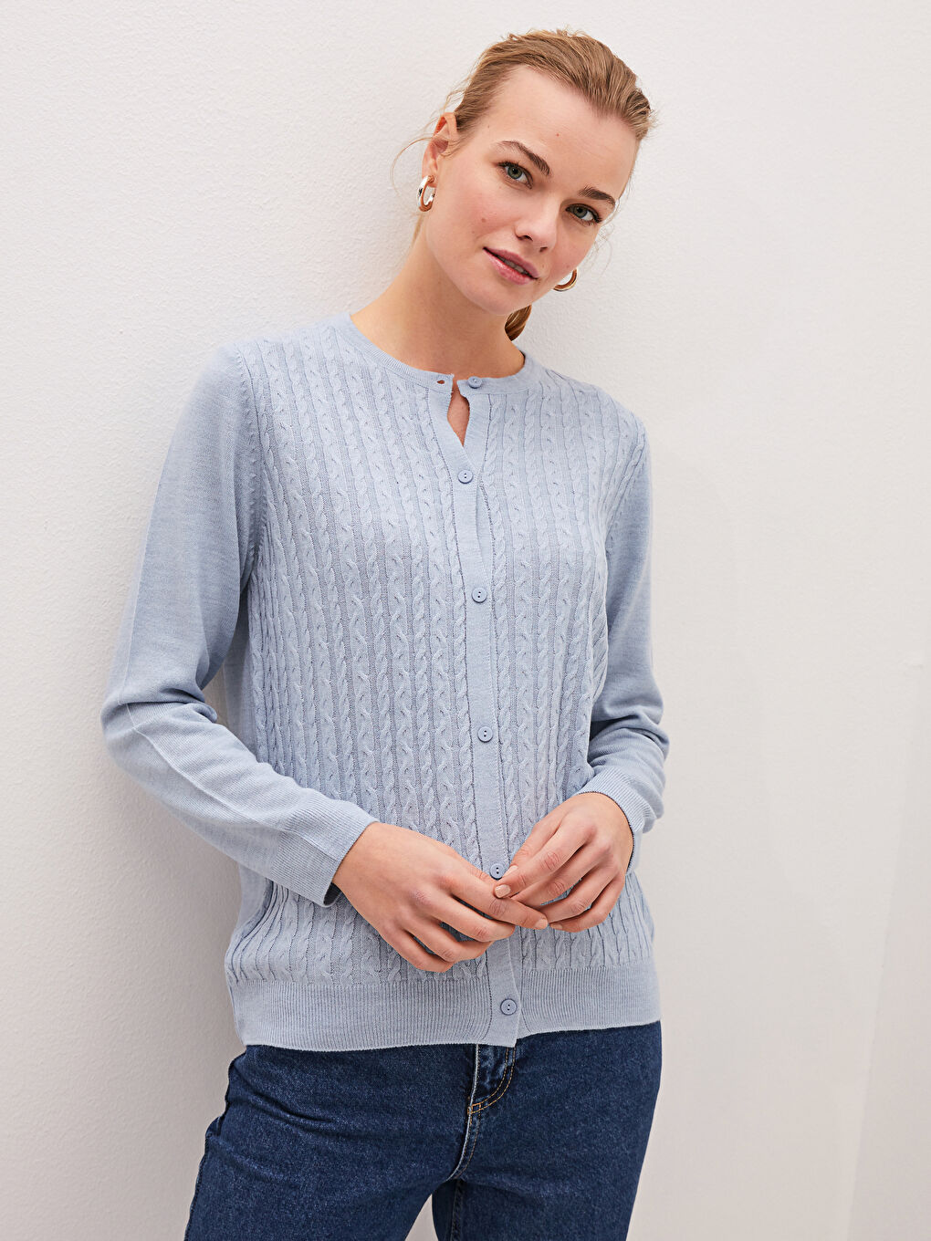 Crew Neck Self Patterned Long Sleeve Women's Tricot Cardigan-1