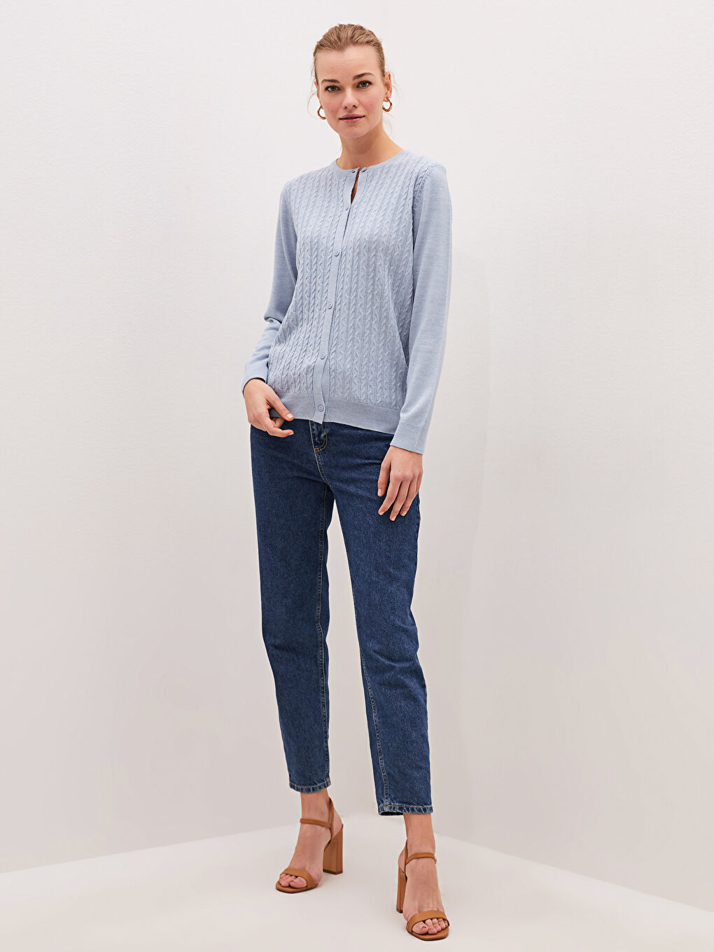 Crew Neck Self Patterned Long Sleeve Women's Tricot Cardigan-2