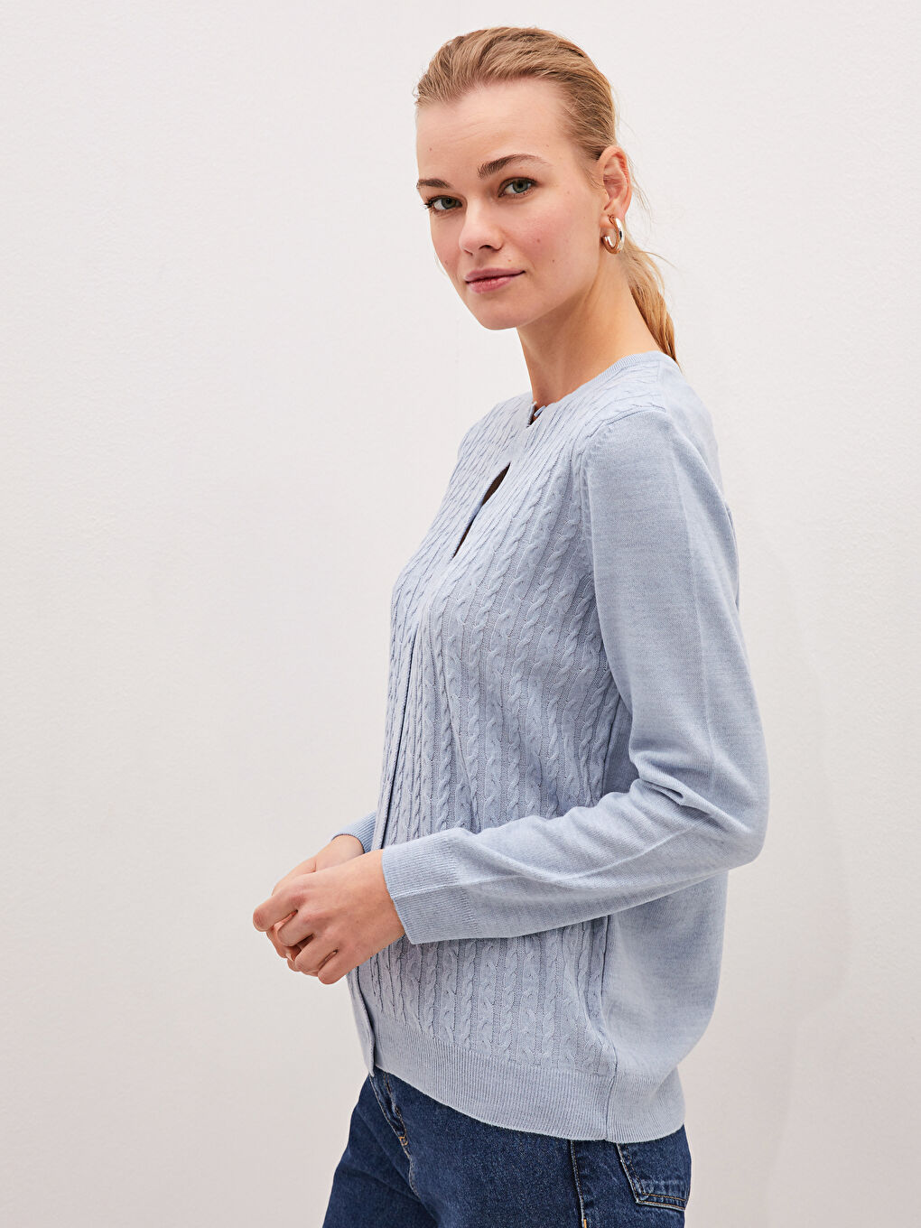 Crew Neck Self Patterned Long Sleeve Women's Tricot Cardigan-3