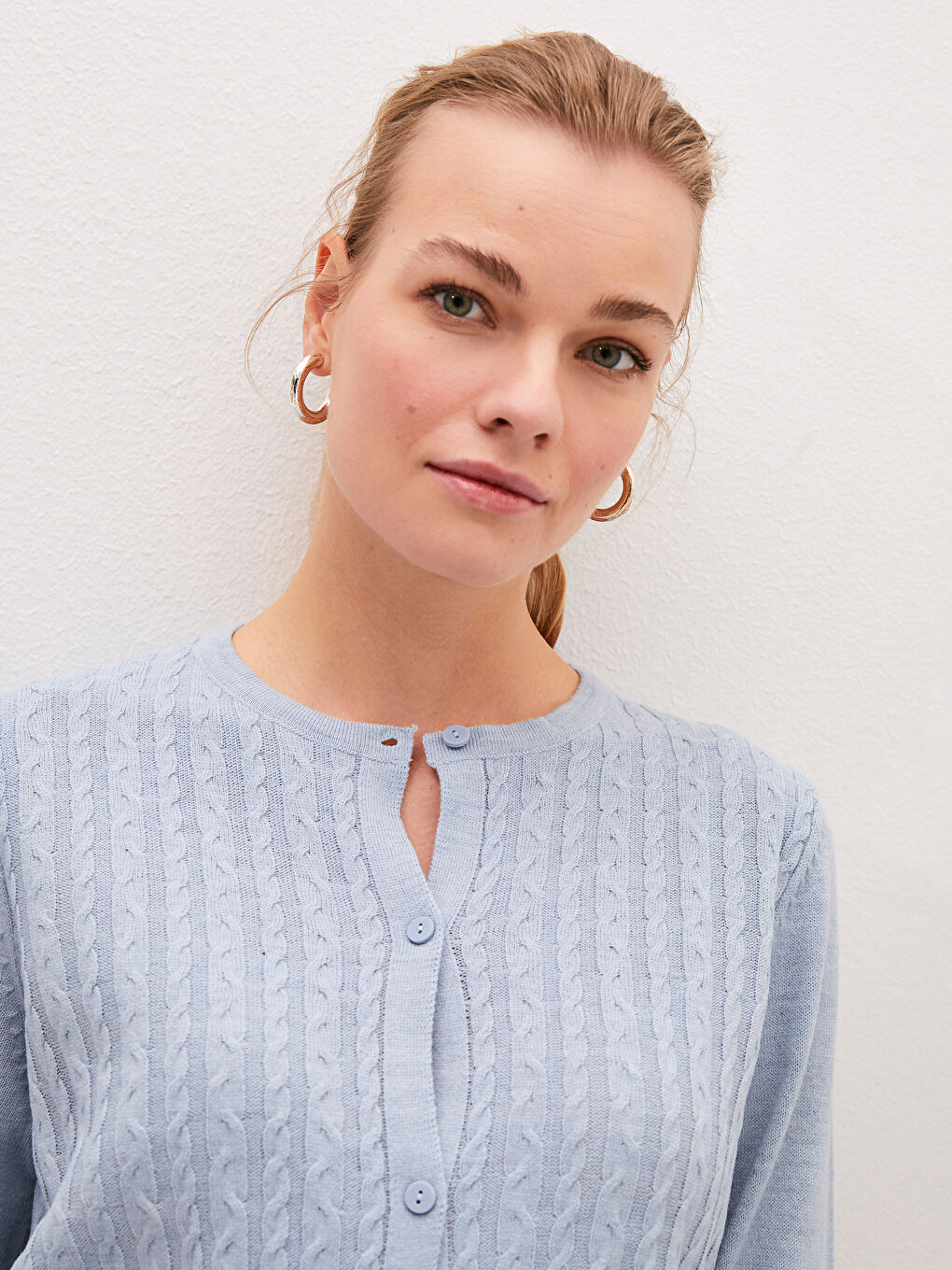 Crew Neck Self Patterned Long Sleeve Women's Tricot Cardigan-4