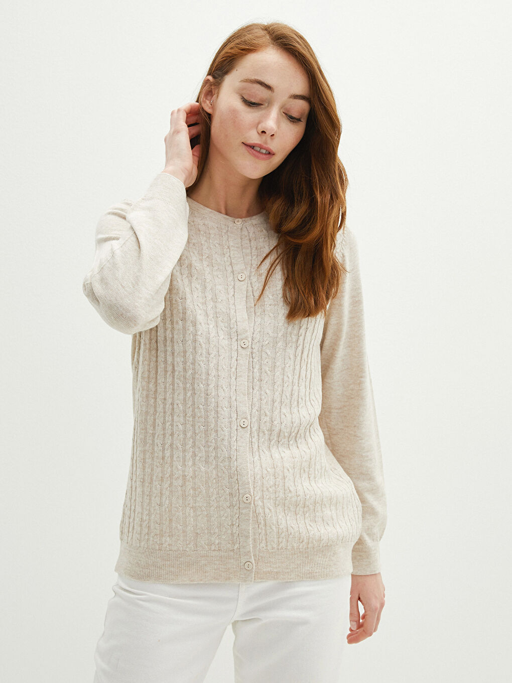 Кардиган из трикотажа с длинным рукавом и круглым вырезом, узорчатый, для женщин-3