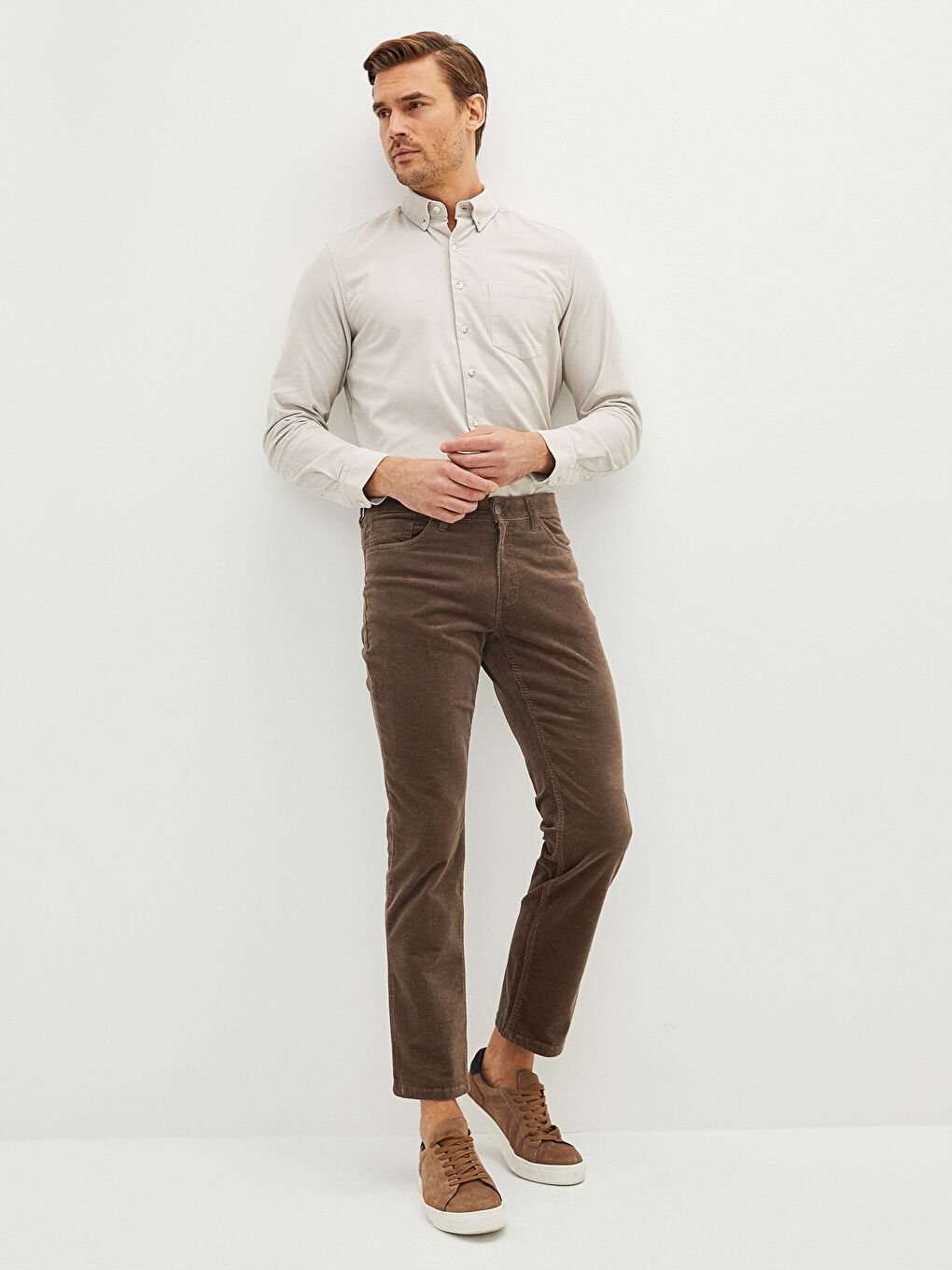 Kahverengi Rahat Kalıp Kadife Erkek Pantolon-2