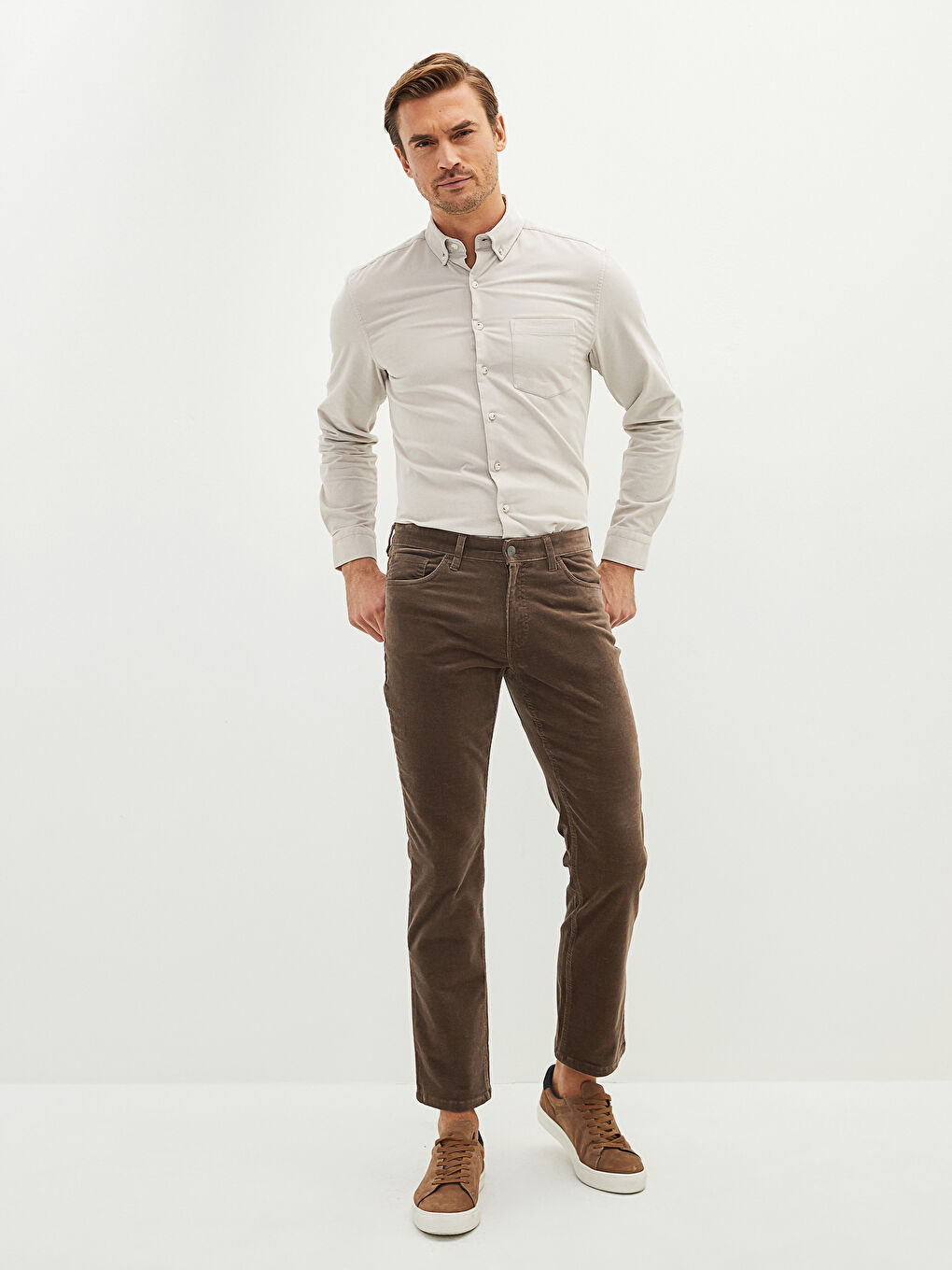 Kahverengi Rahat Kalıp Kadife Erkek Pantolon-3