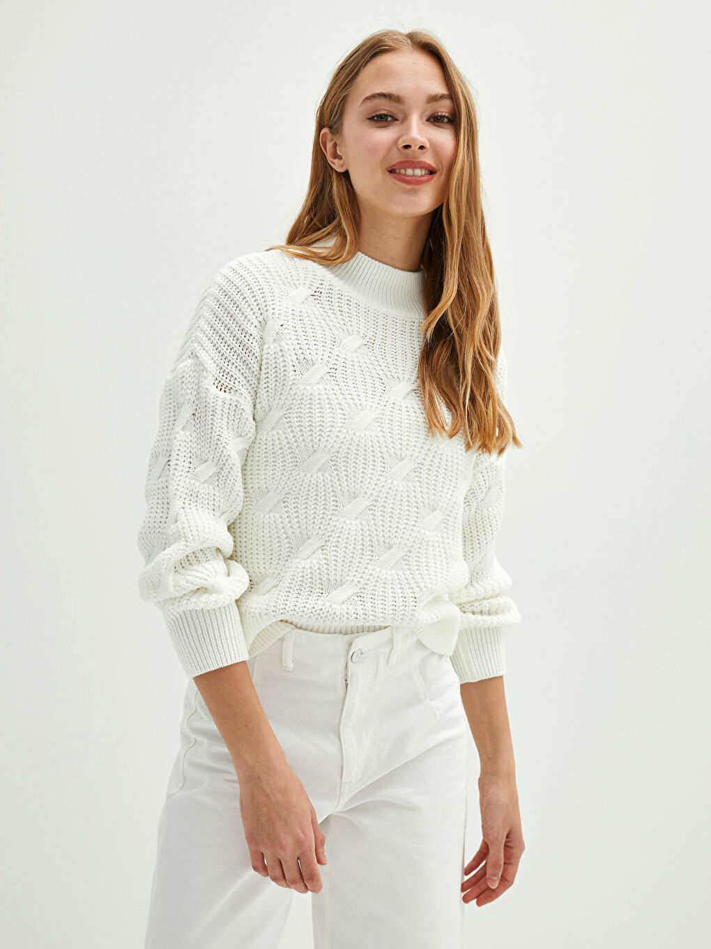 LCW Vision Half Turtleneck Self Patterned Long Sleeve Oversize Women's Knitwear Sweater -W11894Z8-FES