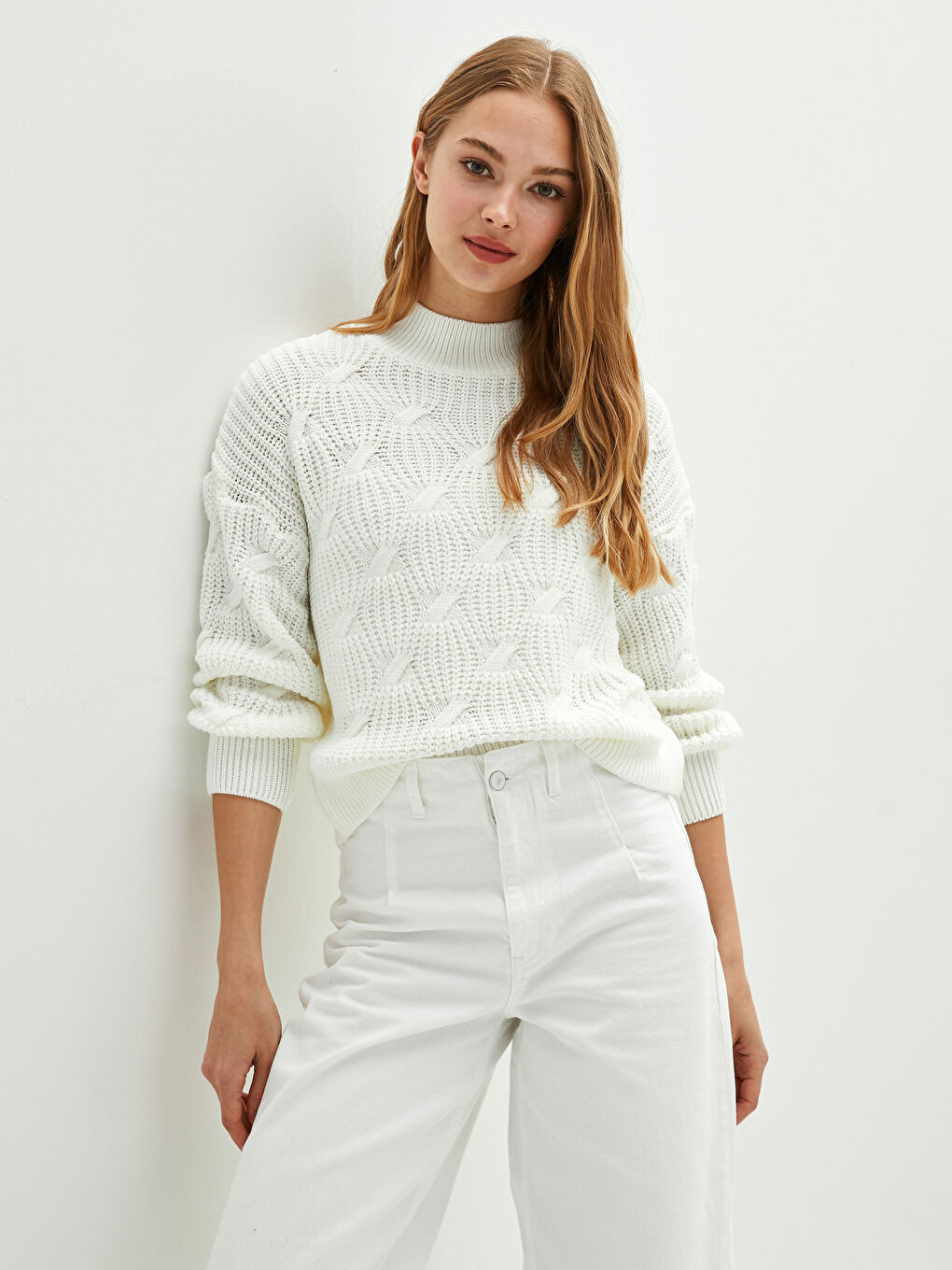 LCW Vision Half Turtleneck Self Patterned Long Sleeve Oversize Women's Knitwear Sweater -W11894Z8-FES