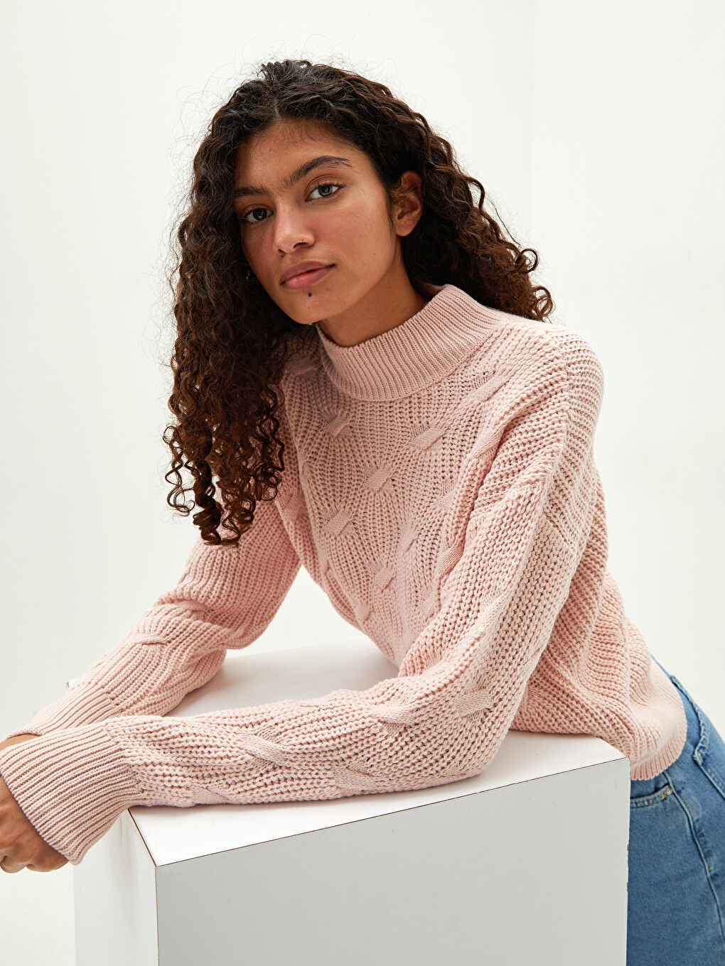 Half Turtleneck Self Patterned Long Sleeve Oversize Women's Knitwear Sweater-2