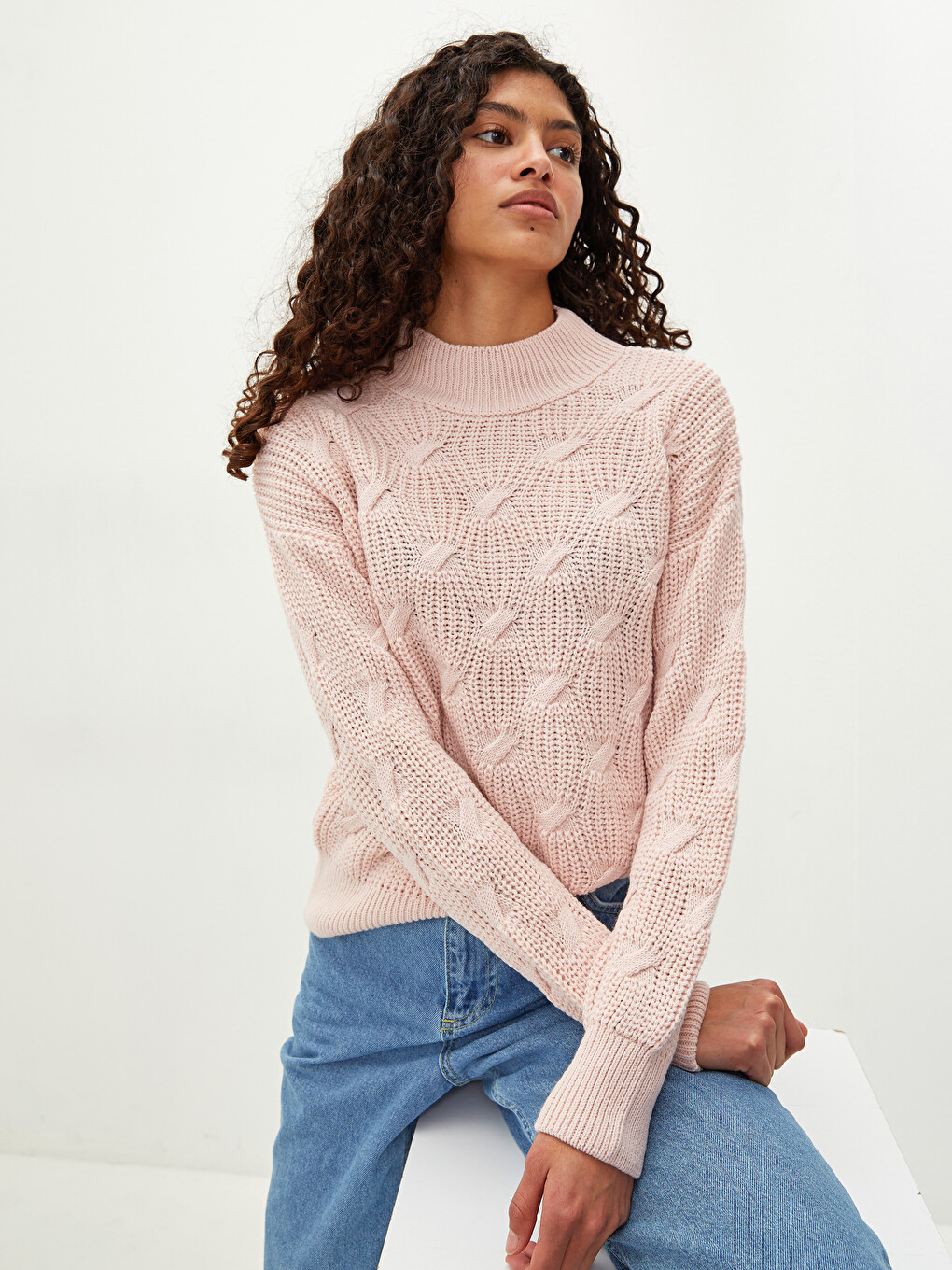 Half Turtleneck Self Patterned Long Sleeve Oversize Women's Knitwear Sweater-1