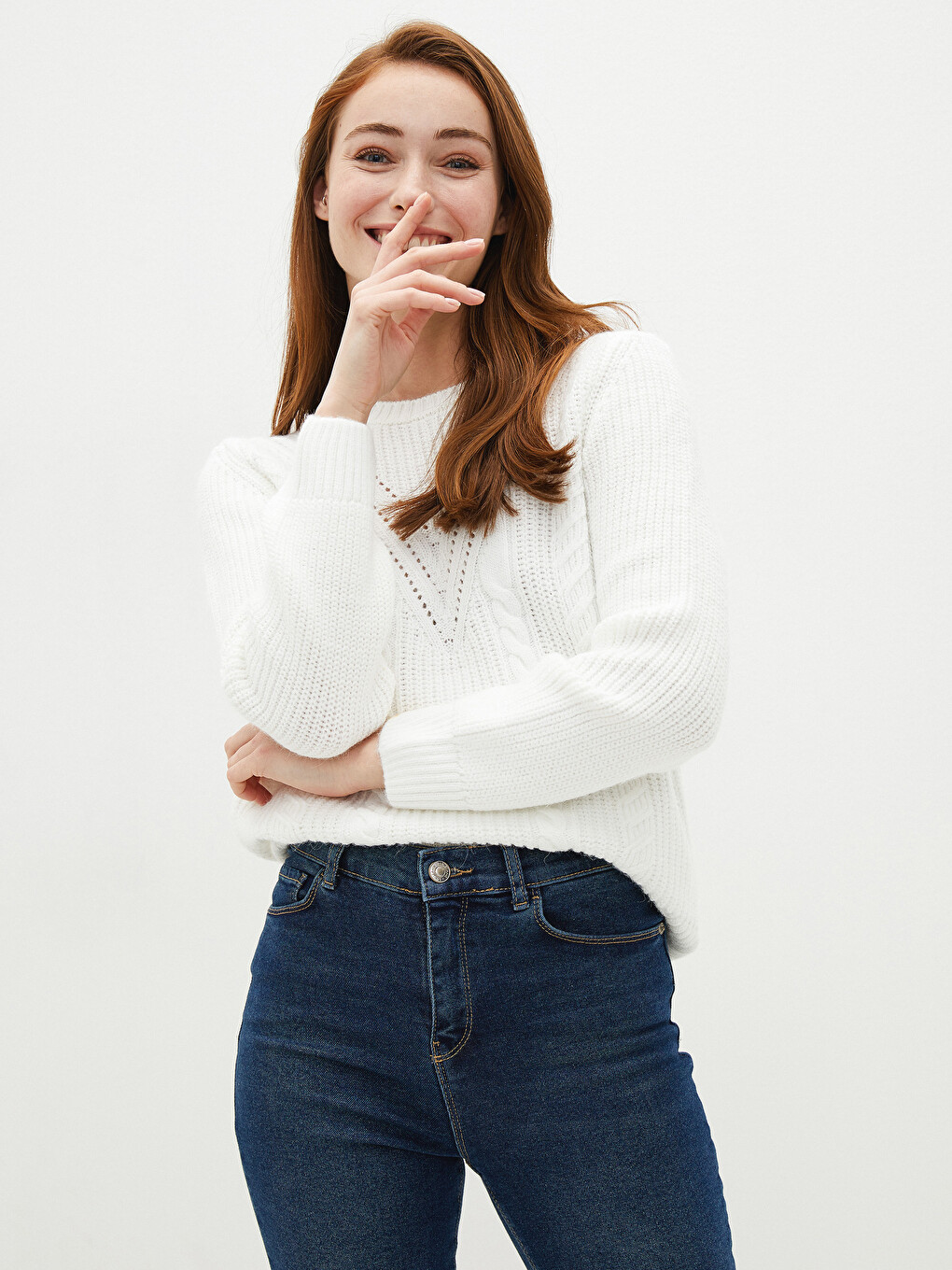 Crew Neck Self Patterned Long Sleeve Women's Knitwear Sweater