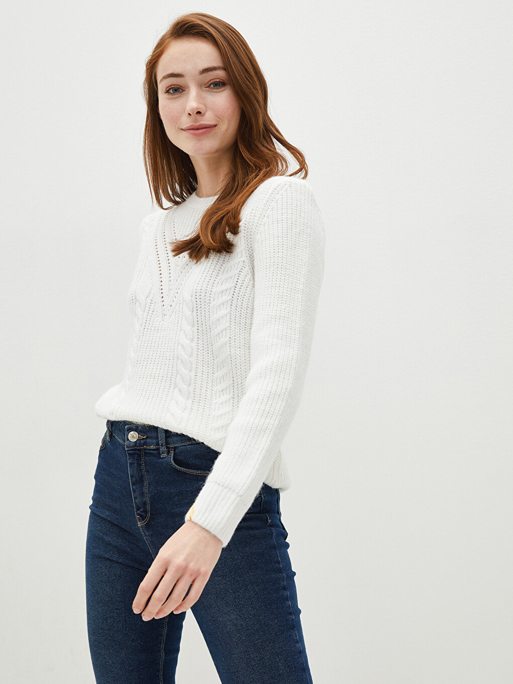 Crew Neck Self Patterned Long Sleeve Women's Knitwear Sweater-1