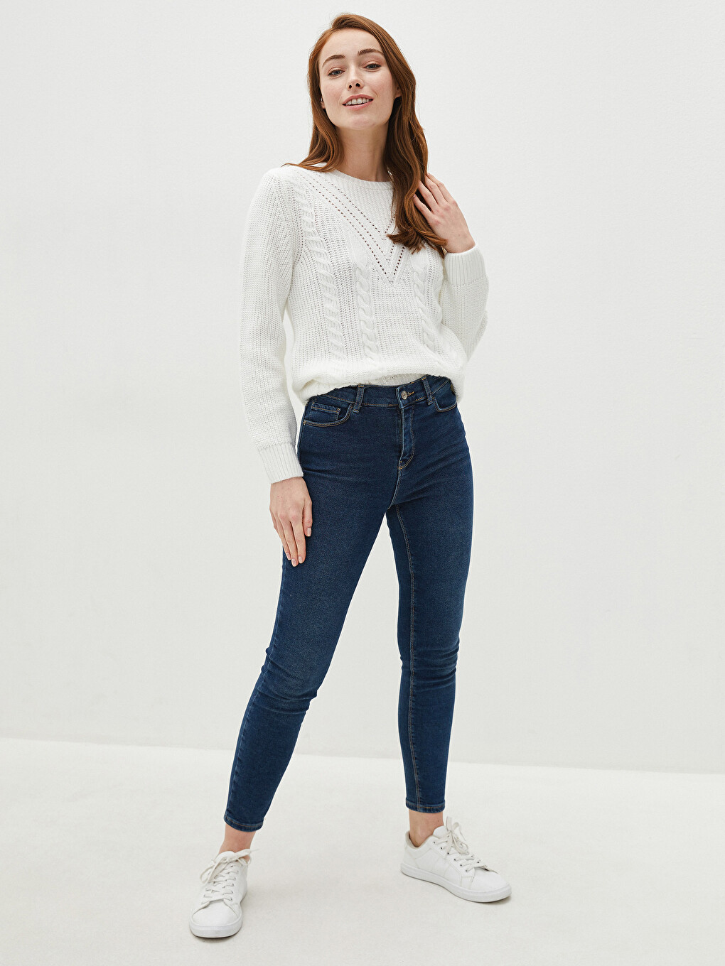 Crew Neck Self Patterned Long Sleeve Women's Knitwear Sweater-2