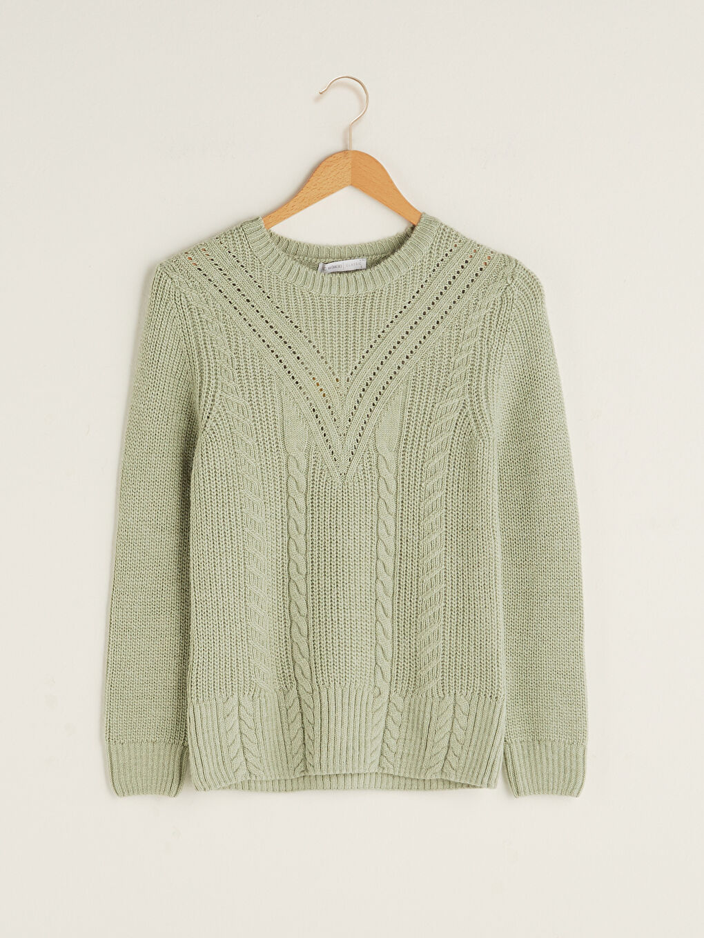 Yeşil Bisiklet Yaka Kendinden Desenli Uzun Kollu Kadın Triko Kazak-4