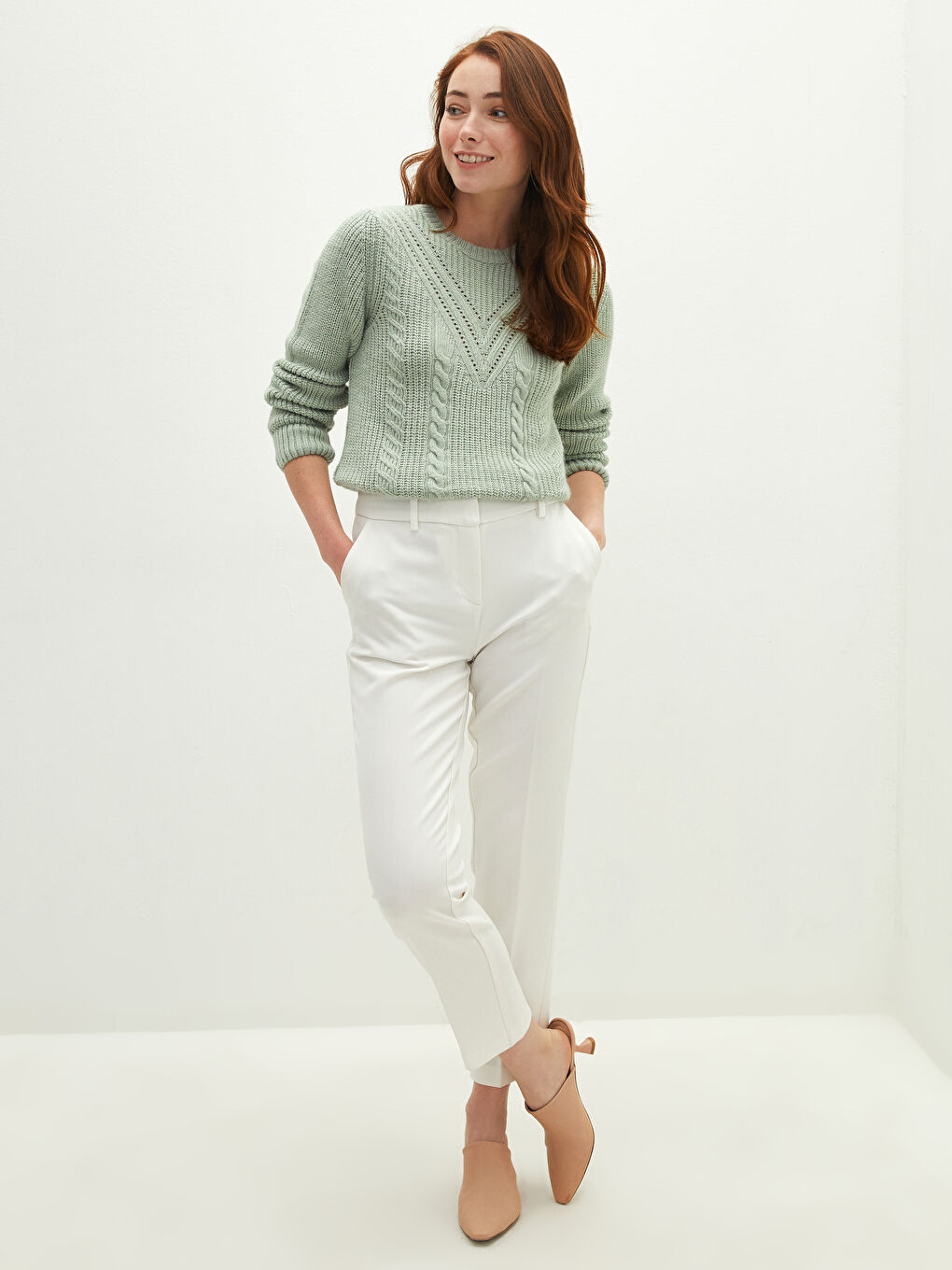 Yeşil Bisiklet Yaka Kendinden Desenli Uzun Kollu Kadın Triko Kazak-1