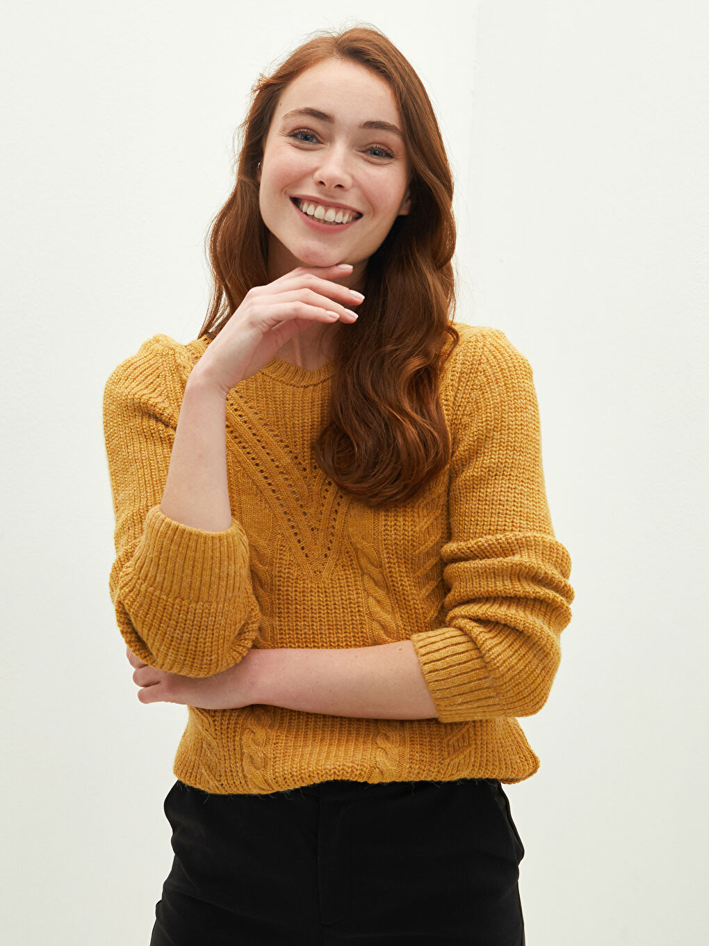 Свитер из трикотажа с круглым вырезом, узорчатый, с длинным рукавом для женщин-4