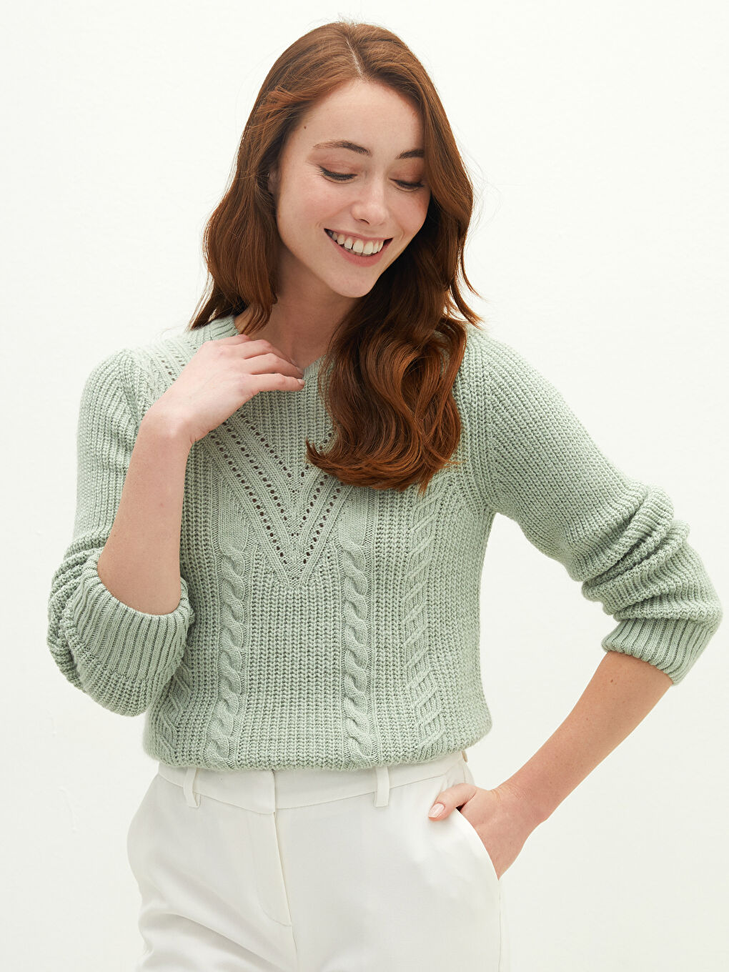 Yeşil Bisiklet Yaka Kendinden Desenli Uzun Kollu Kadın Triko Kazak-3