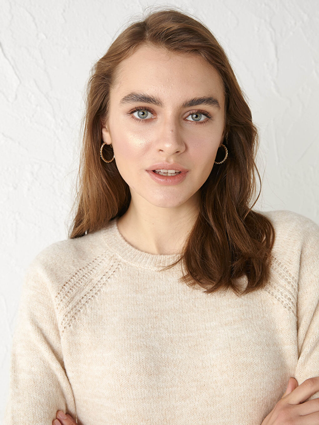 Crew Neck Self Patterned Long Sleeve Women's Knitwear Sweater-1