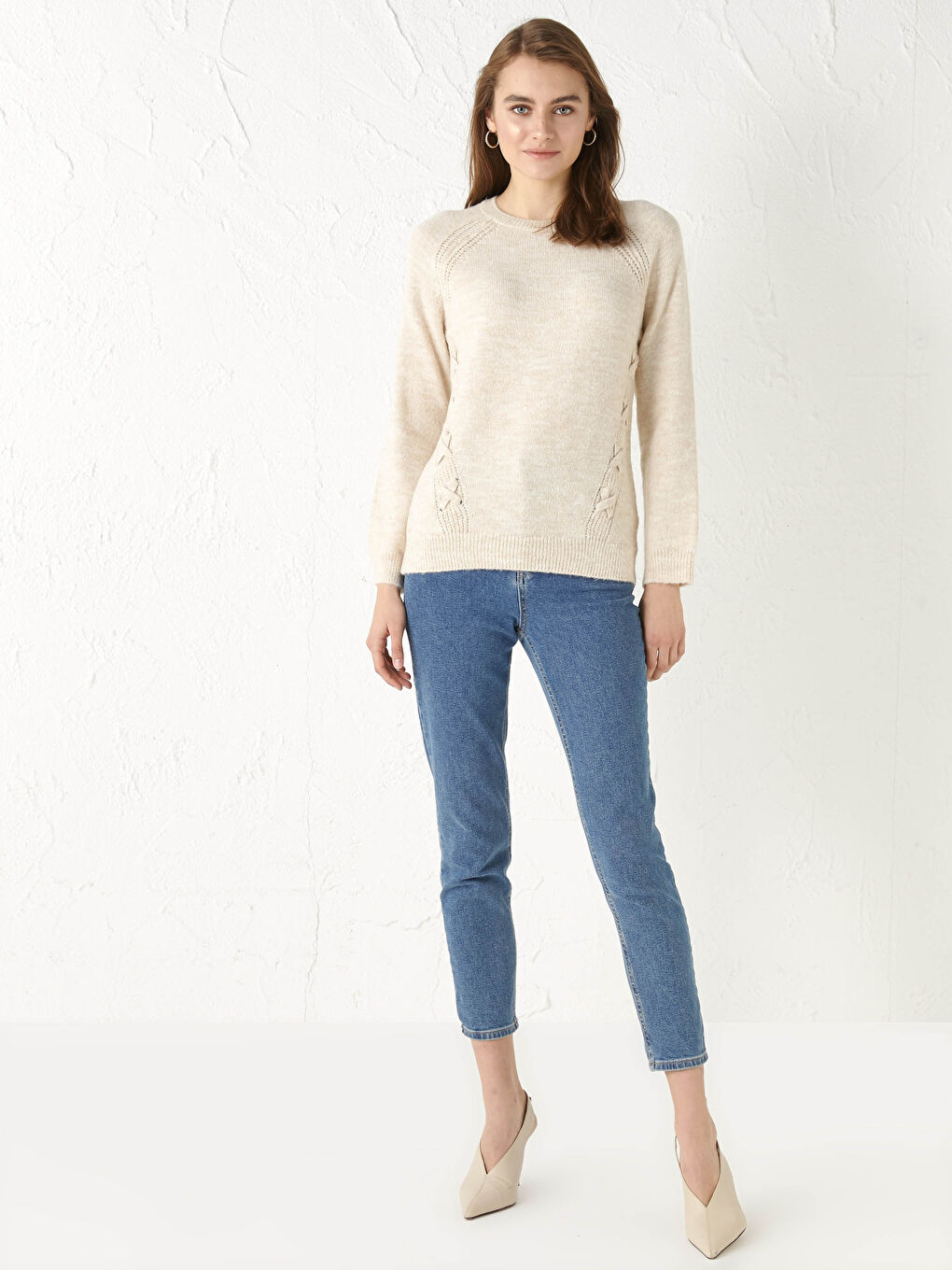 Crew Neck Self Patterned Long Sleeve Women's Knitwear Sweater-3