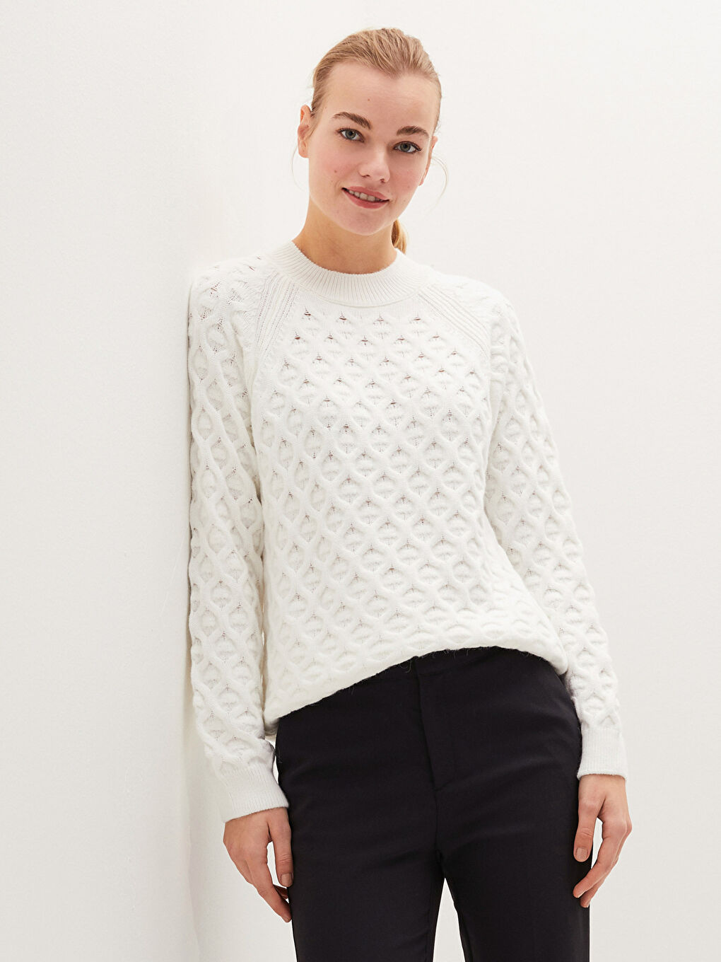 Свитер из трикотажа с круглым вырезом, узорчатый, с длинным рукавом для женщин-1